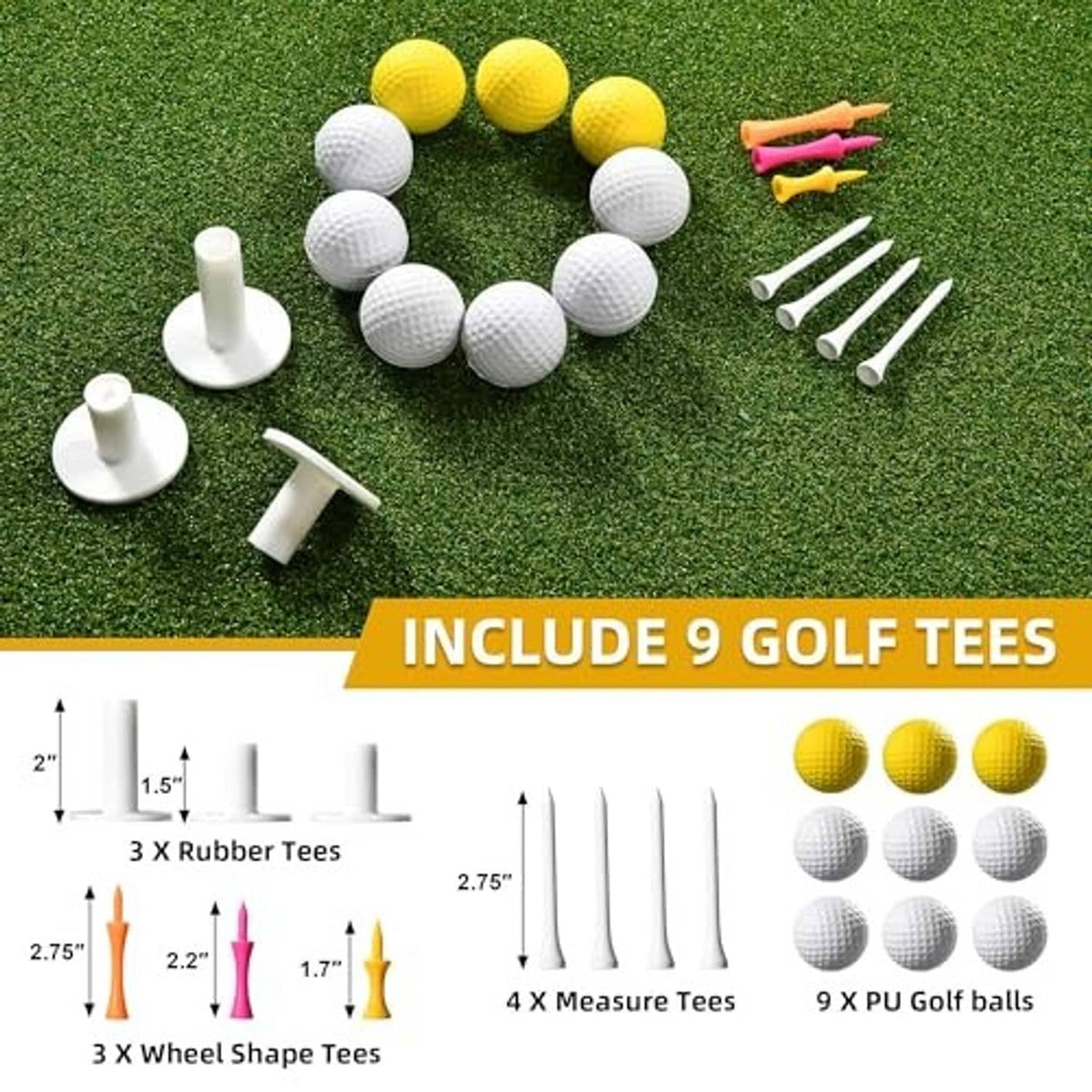 Green golf hitting mat with included golf tees and practice balls