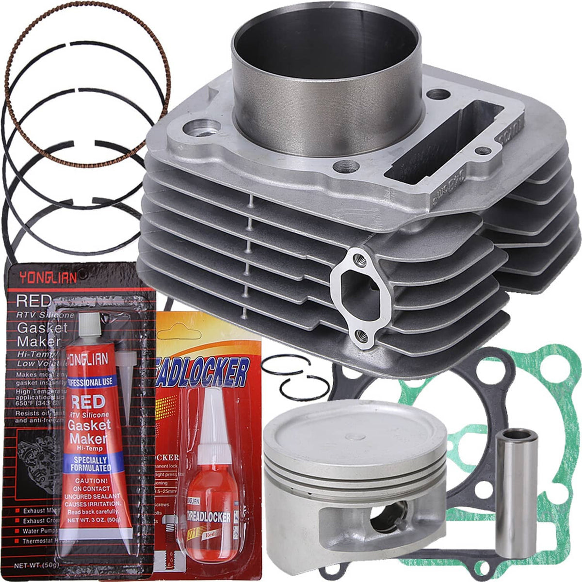 Top end kit showing cylinder, piston with top, rings, and gasket set components