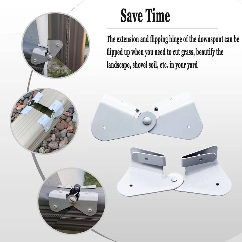 White flip-up gutter downspout hinge bracket with center pin and two mounting plates