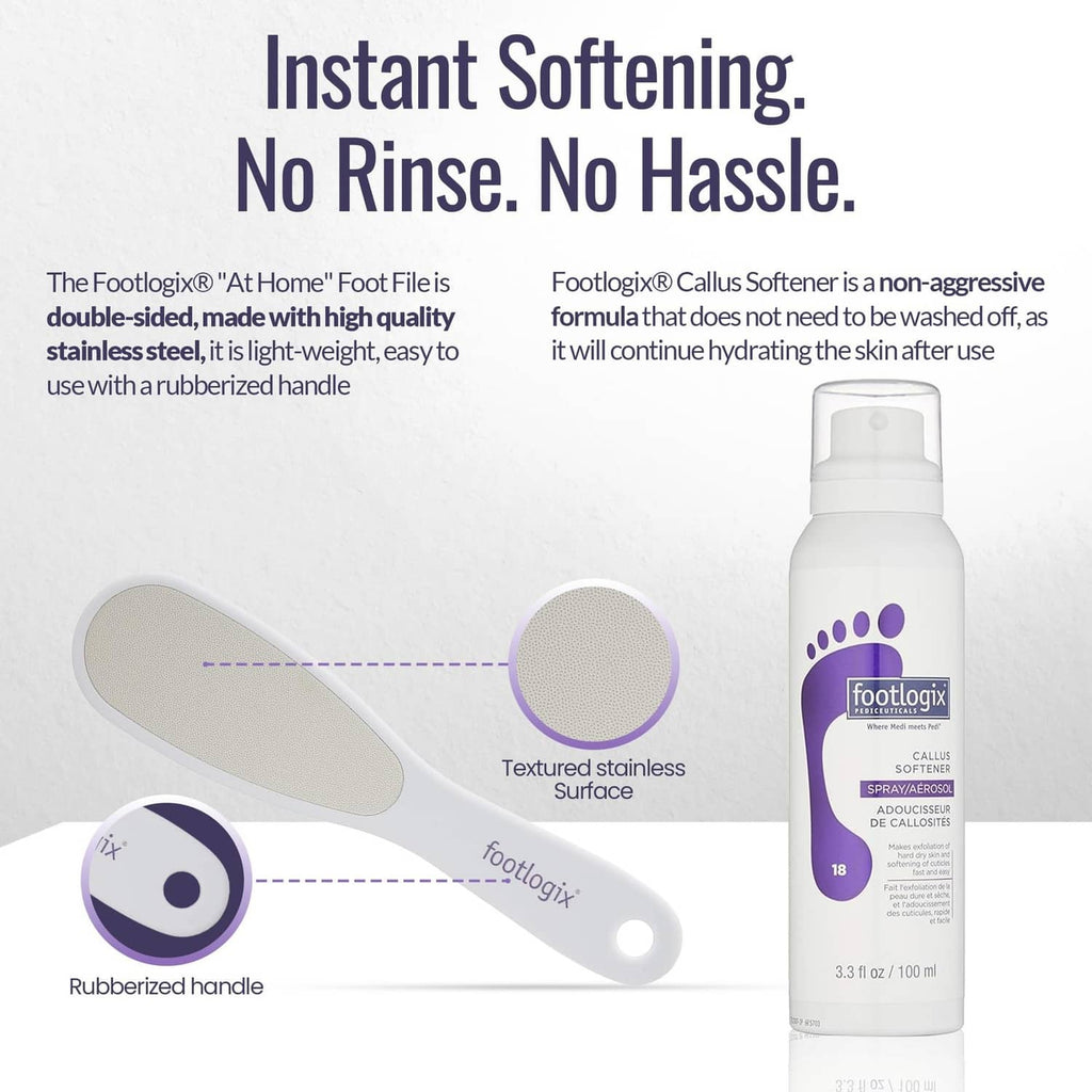 Stainless-steel foot file with callus softener spray bottle