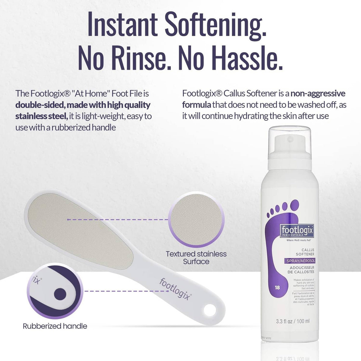 Stainless-steel foot file with callus softener spray bottle