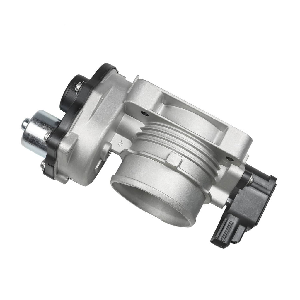 Throttle body assembly side view with silver housing and black electrical connector