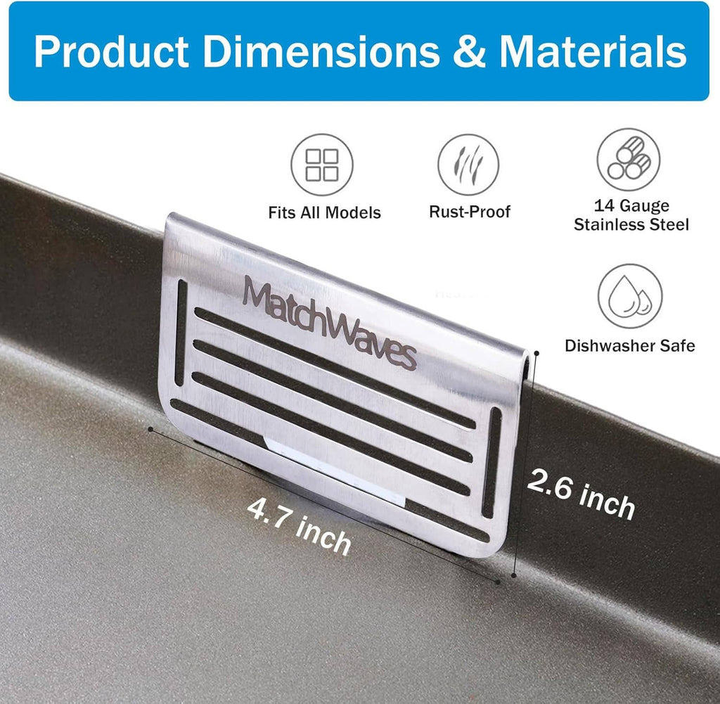 Stainless steel mesh grease blocker shown on a griddle edge with size indication