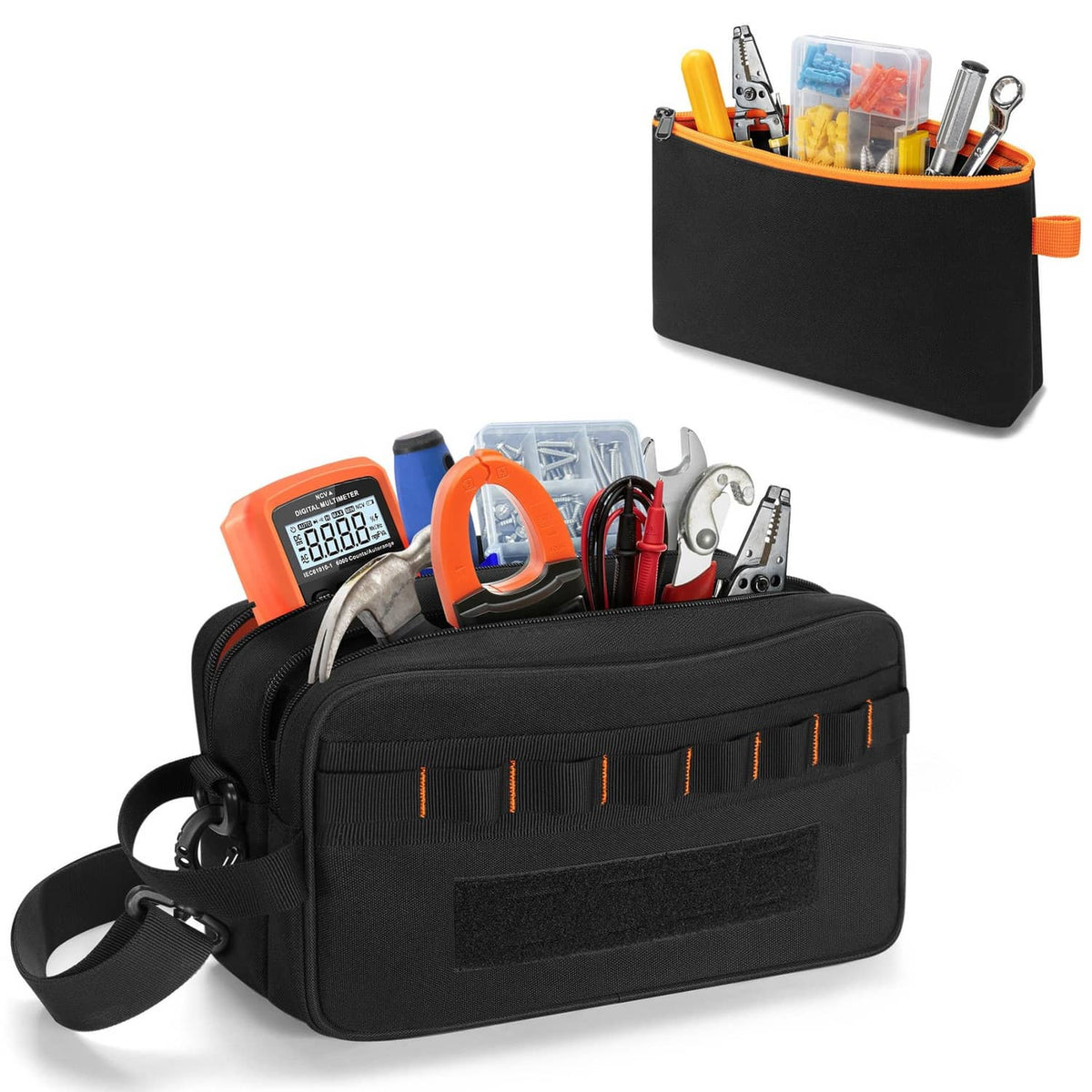 Black tool bag with side pocket and elastic tool holders, shoulder strap attached