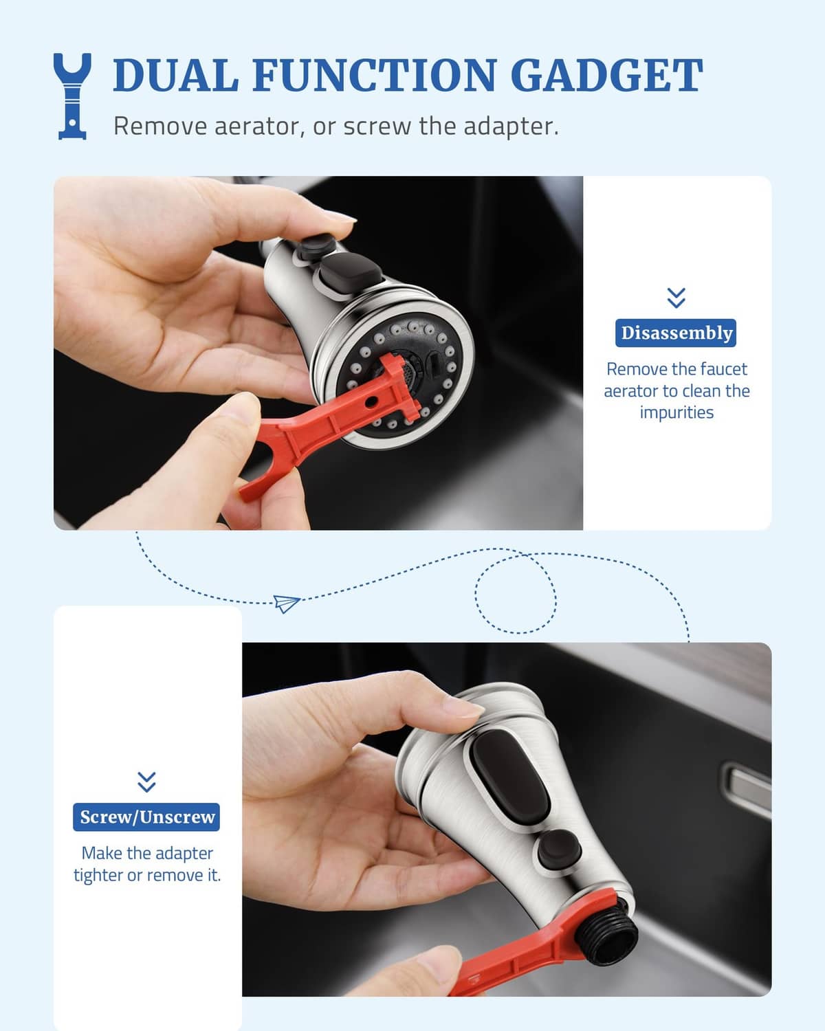 Kitchen faucet sprayer head with removable aerator cover, dual function tool use