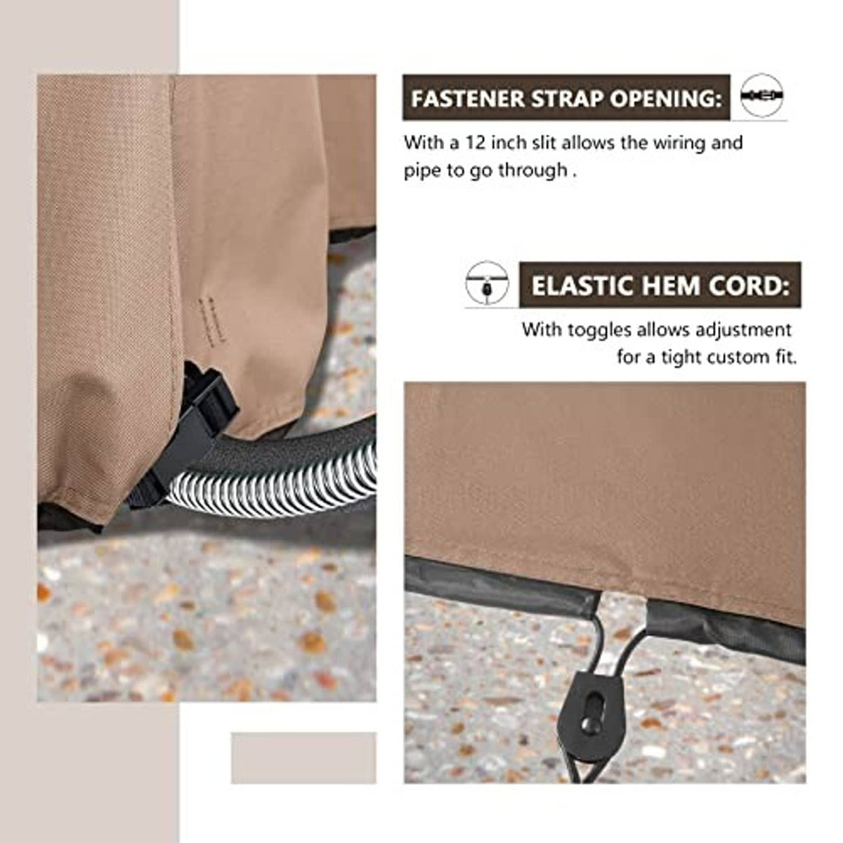 Brown AC cover with fastener strap opening and elastic hem cord with toggle adjusters