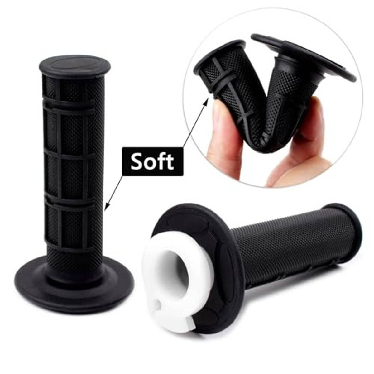 Black textured soft rubber throttle grips with end cap detail, shown being held.