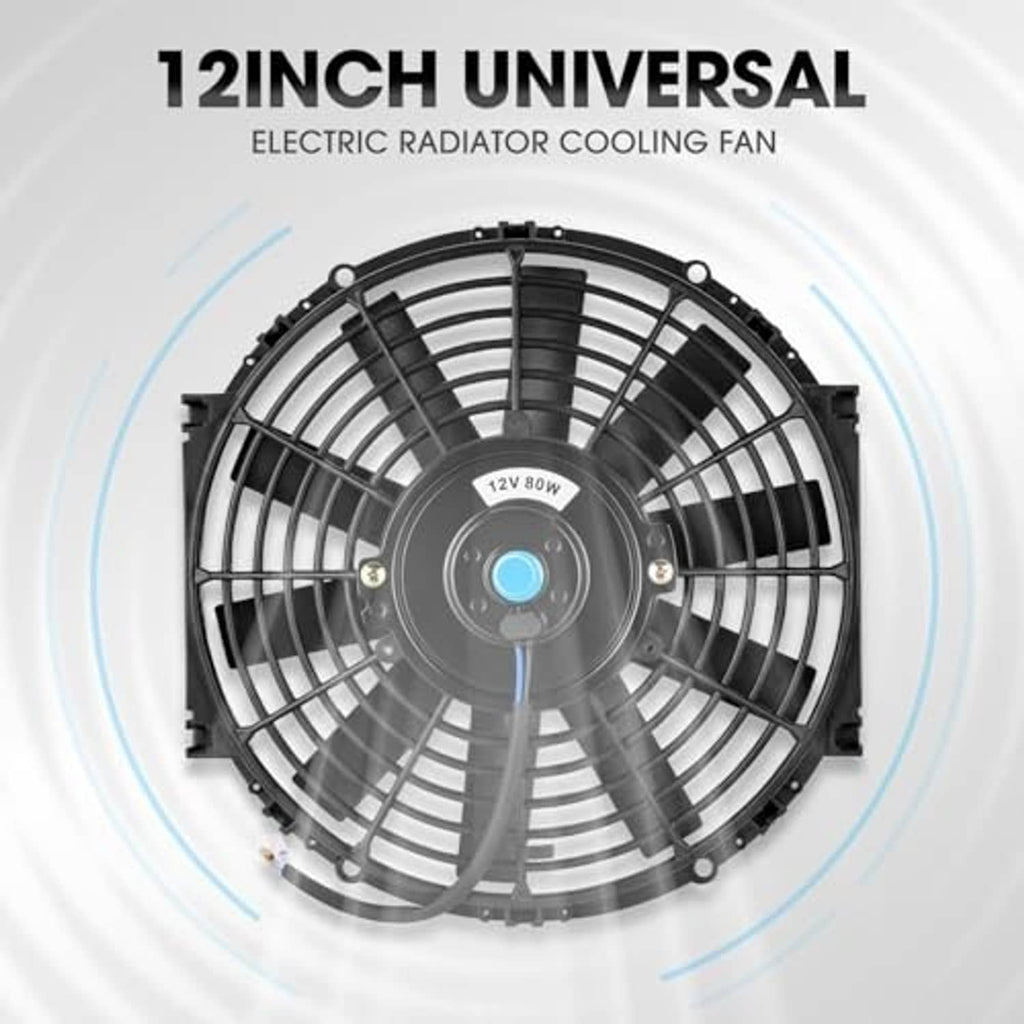12-inch electric radiator cooling fan, black fan with circular grille and center motor