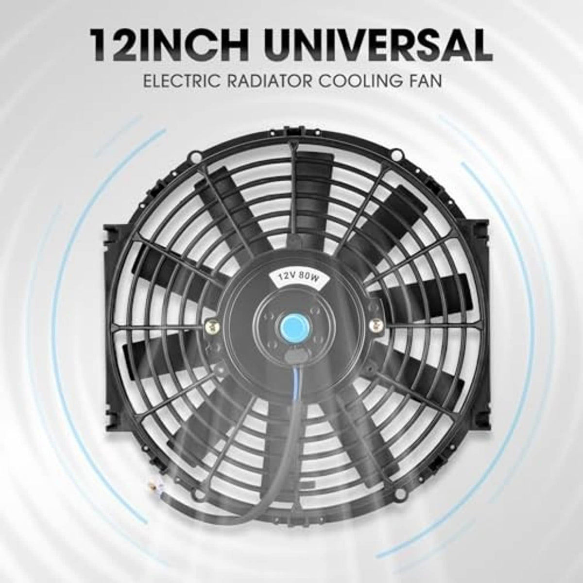 12-inch electric radiator cooling fan, black fan with circular grille and center motor
