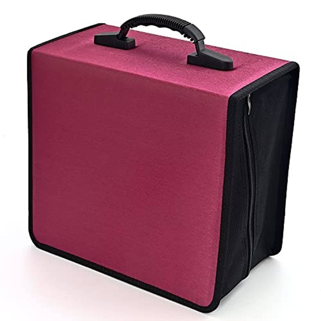 Red CD/DVD storage case with black side zipper and top carry handle