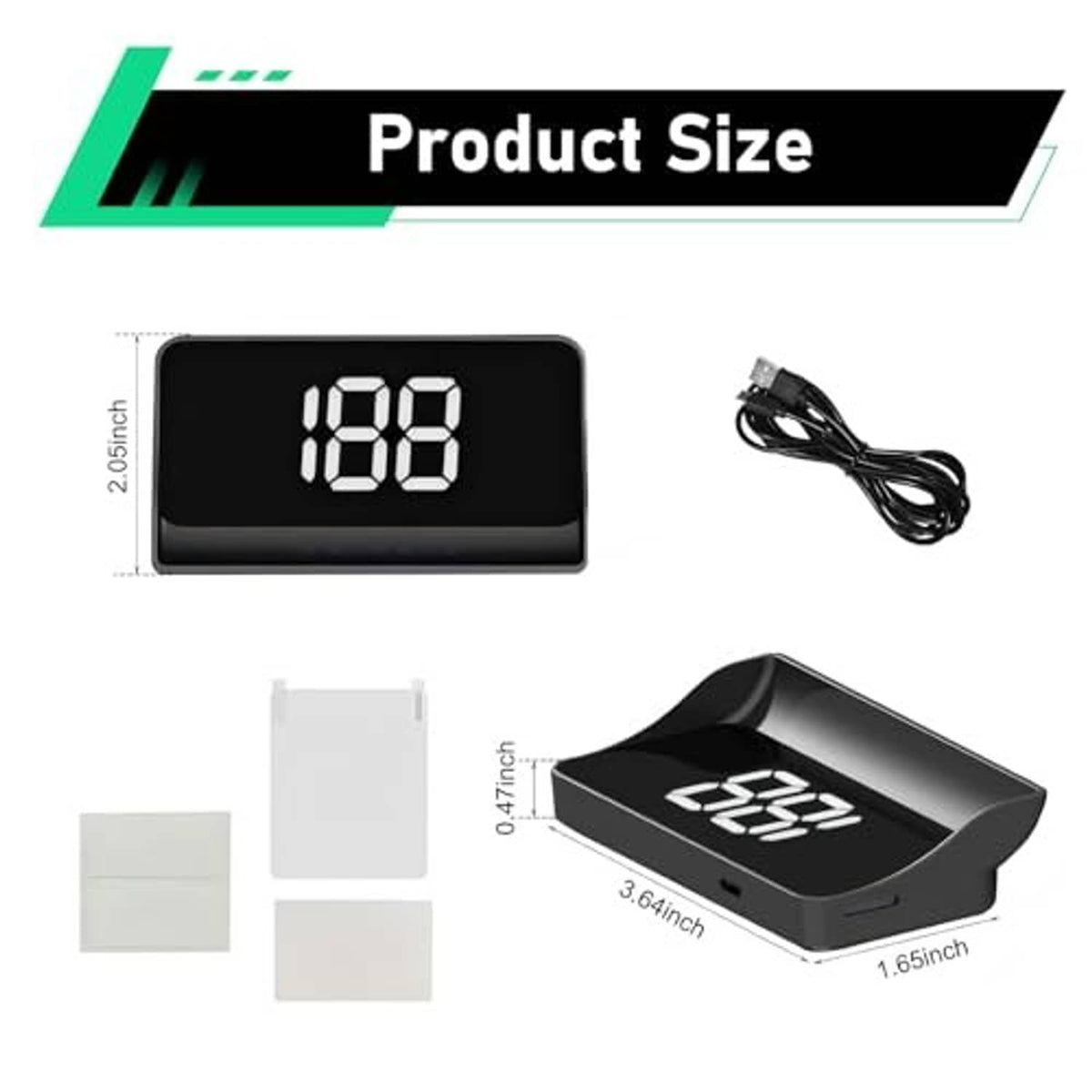 HUD speed display projector with green digits, plus power cable and adhesive pads