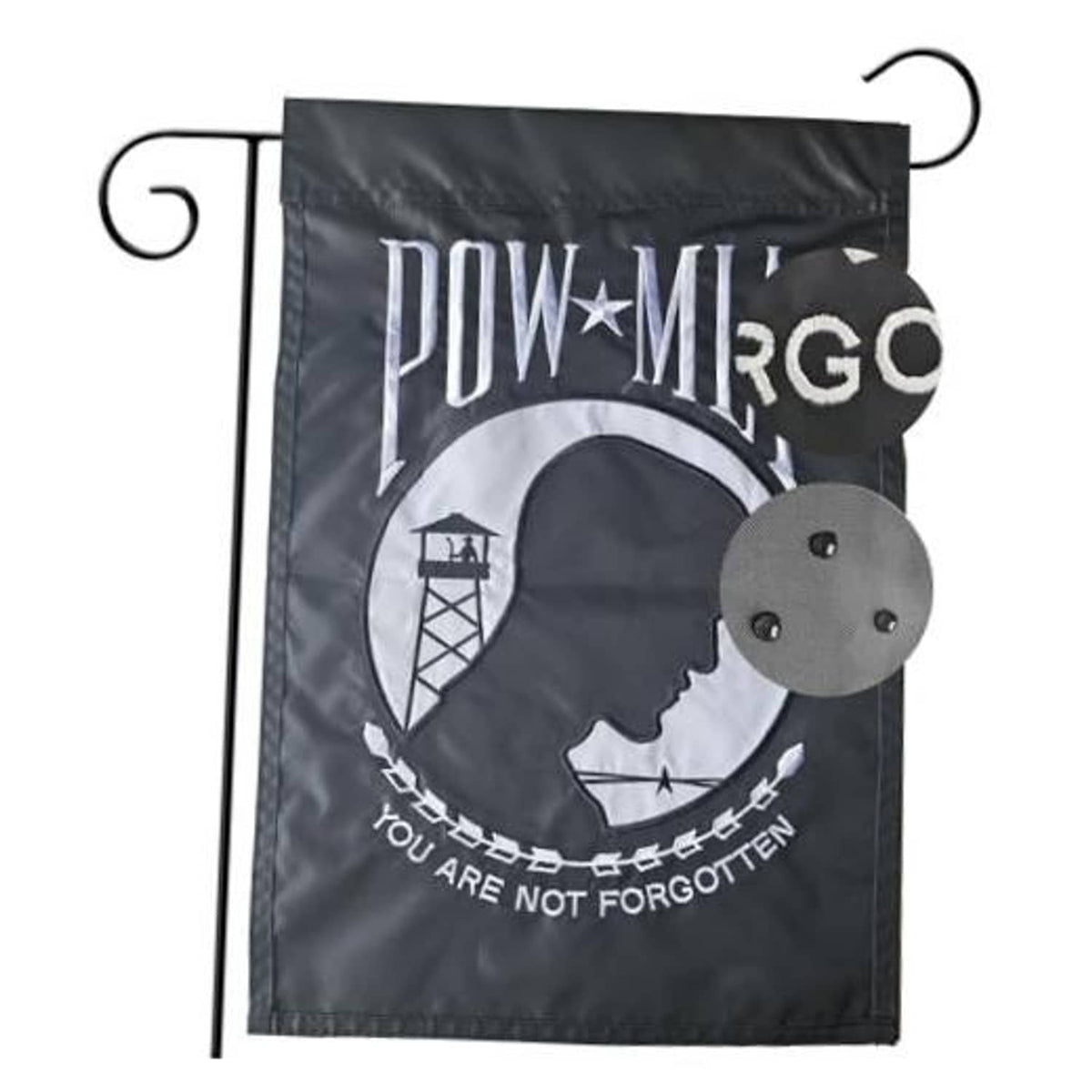 Double-sided embroidered garden flag, dark gray with POW*MIA profile emblem