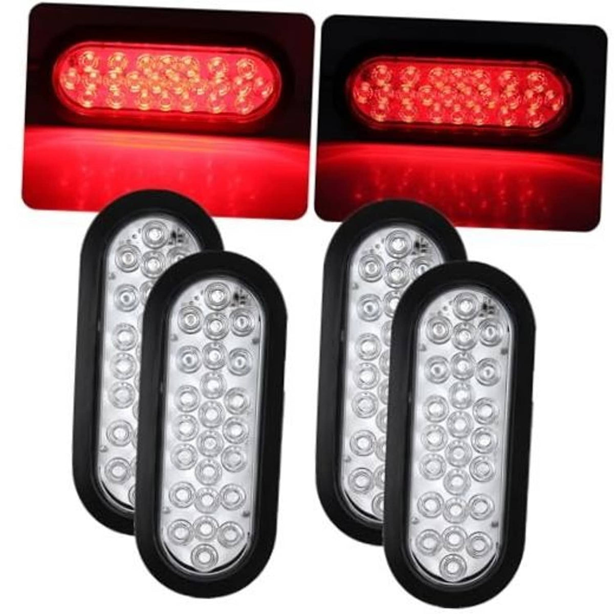 Oval LED trailer tail light with clear lens, red glow, black rubber housing