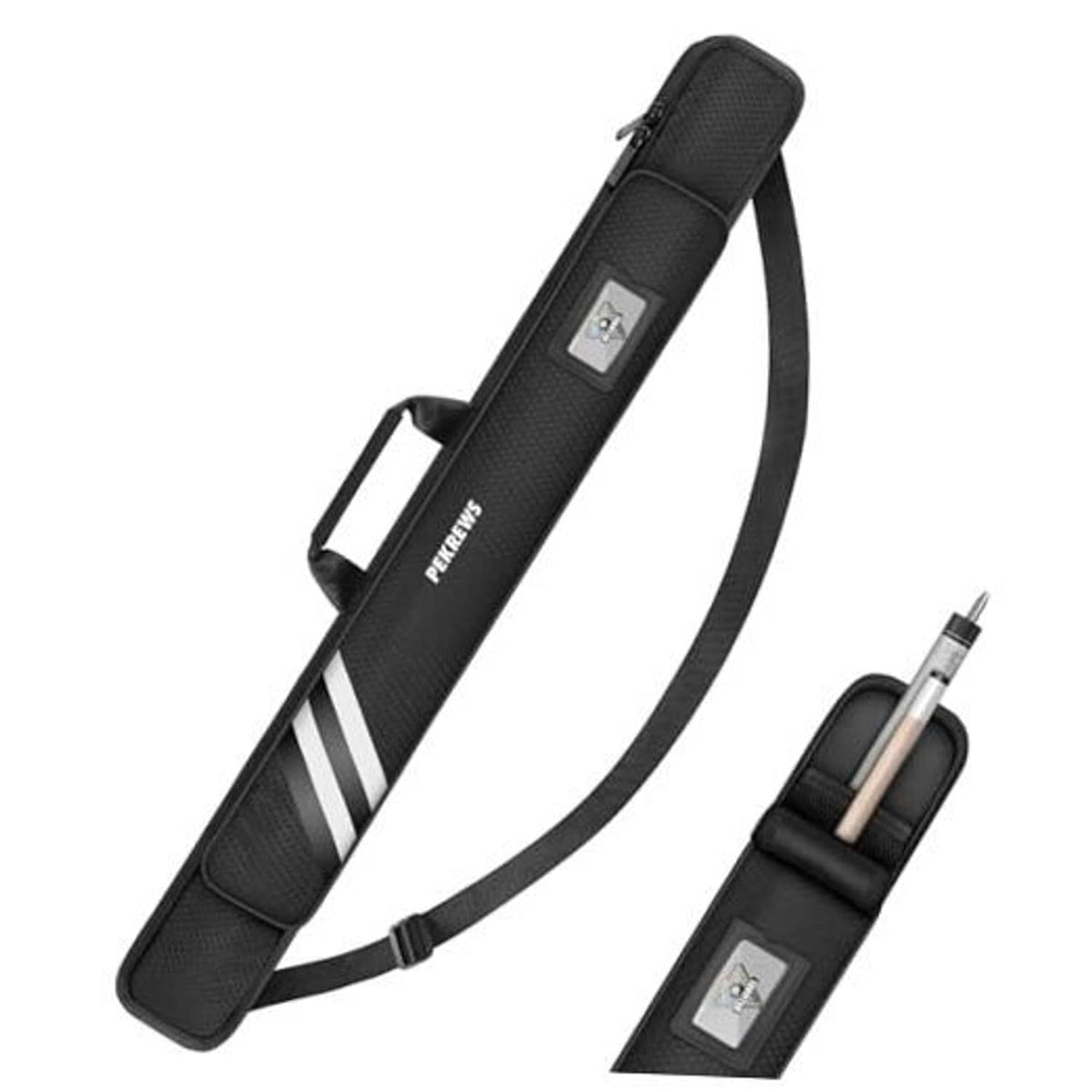 Black padded pool cue case with shoulder strap, zipper pocket and cue inserts shown.