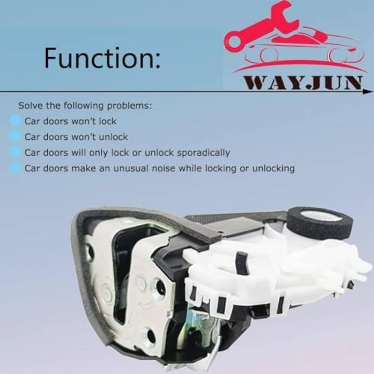 Rear door lock actuator module with black latch lever and white mounting housing
