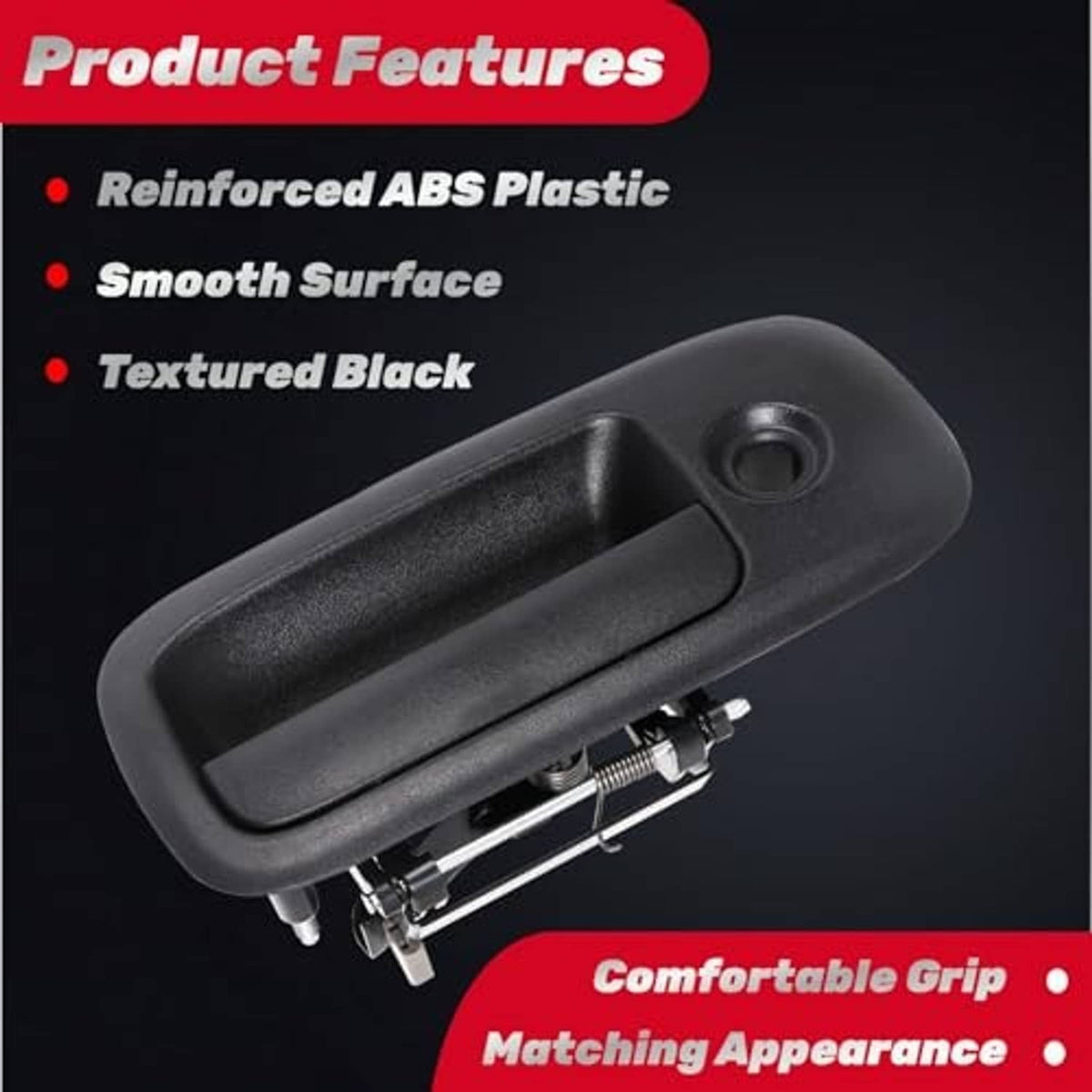 Textured black exterior door handle with circular keyhole and finger recess