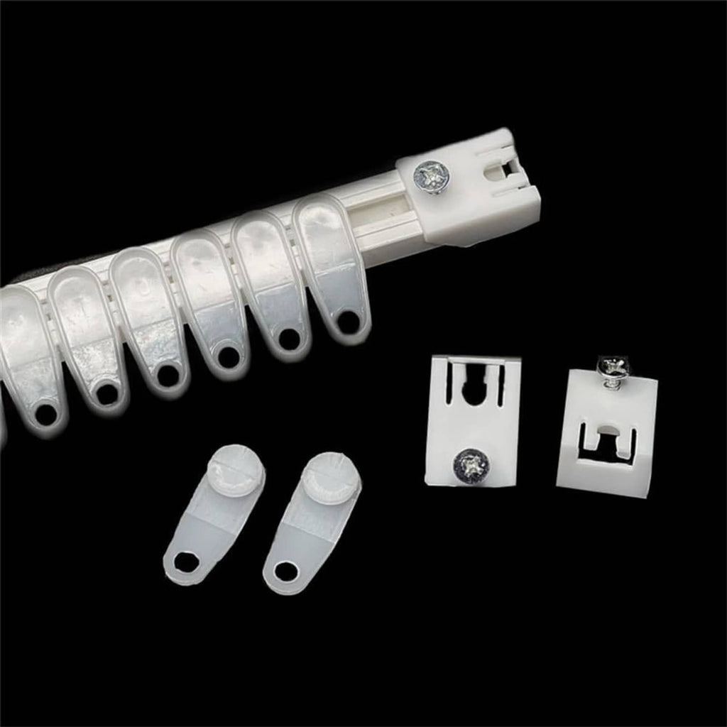 Set of white snap-in traverse rod slides with metal screws and clip heads