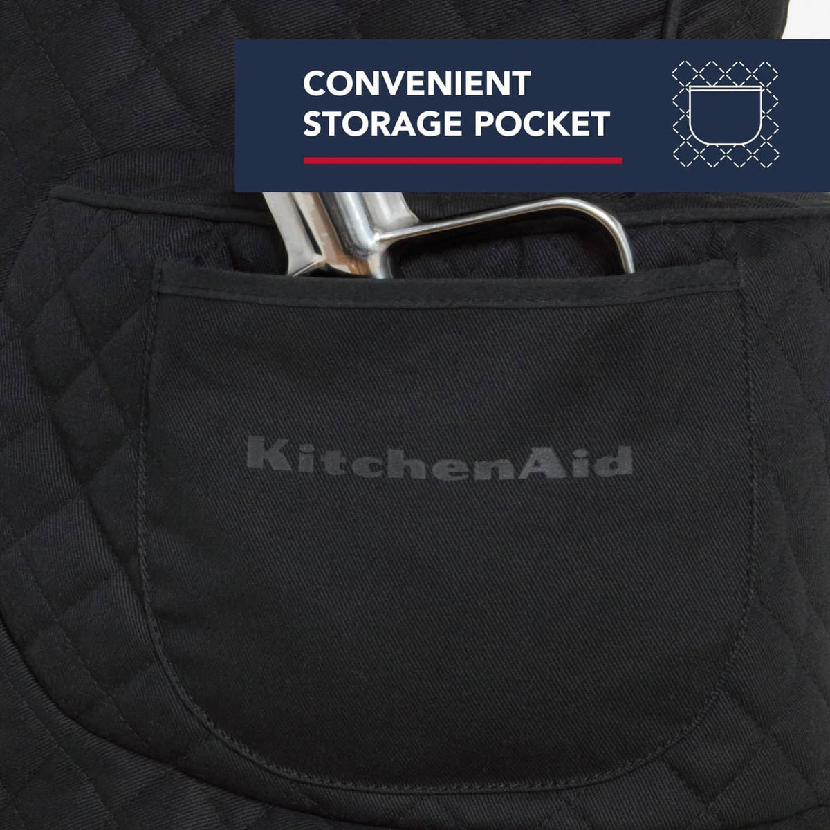 Black quilted stand mixer cover inner storage pocket with KitchenAid logo