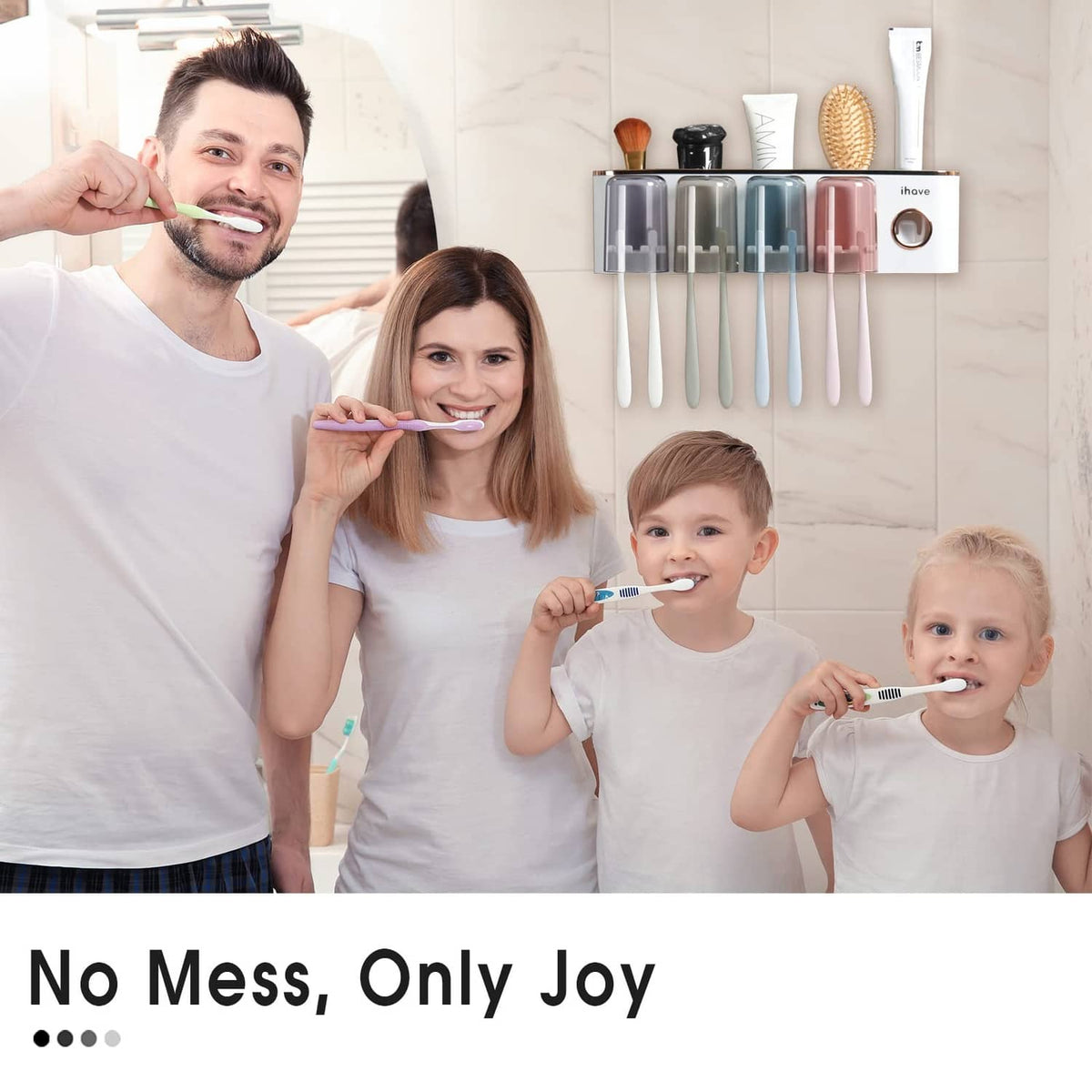 Bathroom toothbrush holder with four cup dispensers for families and kids