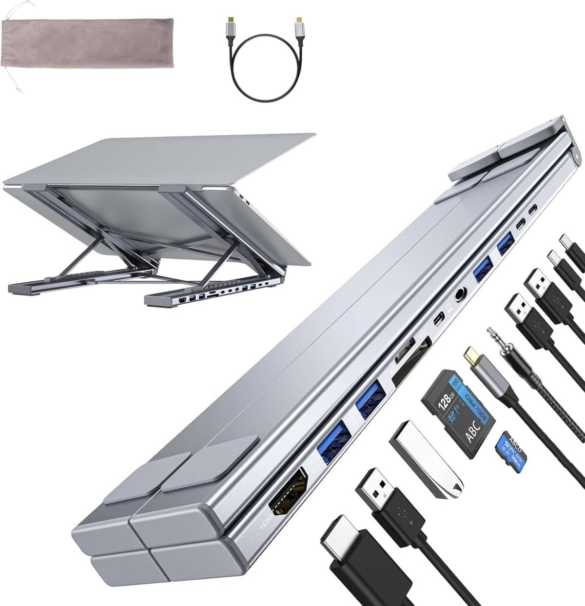 Silver laptop docking station USB-C hub with foldable stand and multiple device ports