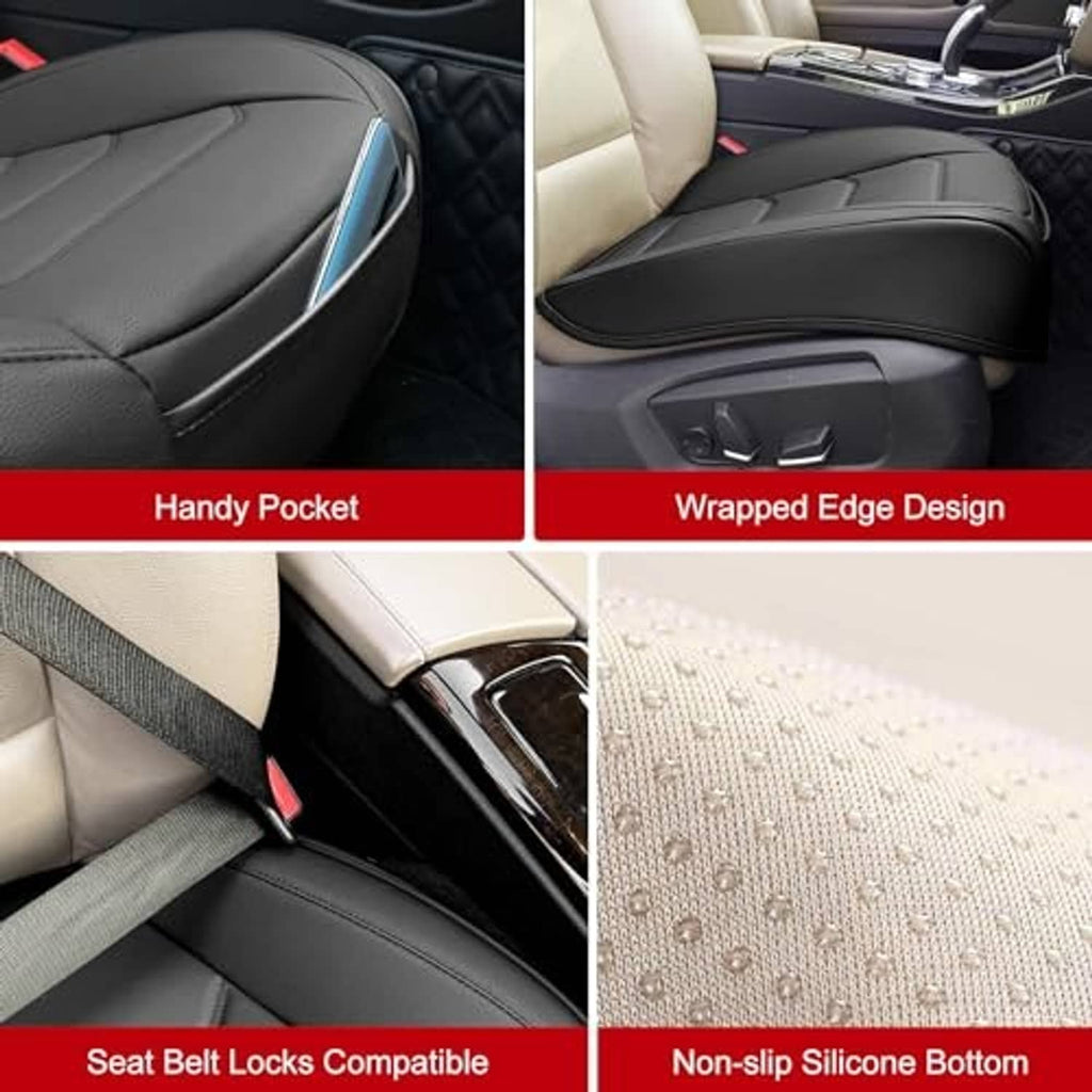 Black seat cover with handy pocket, wrapped edges, and non-slip silicone bottom