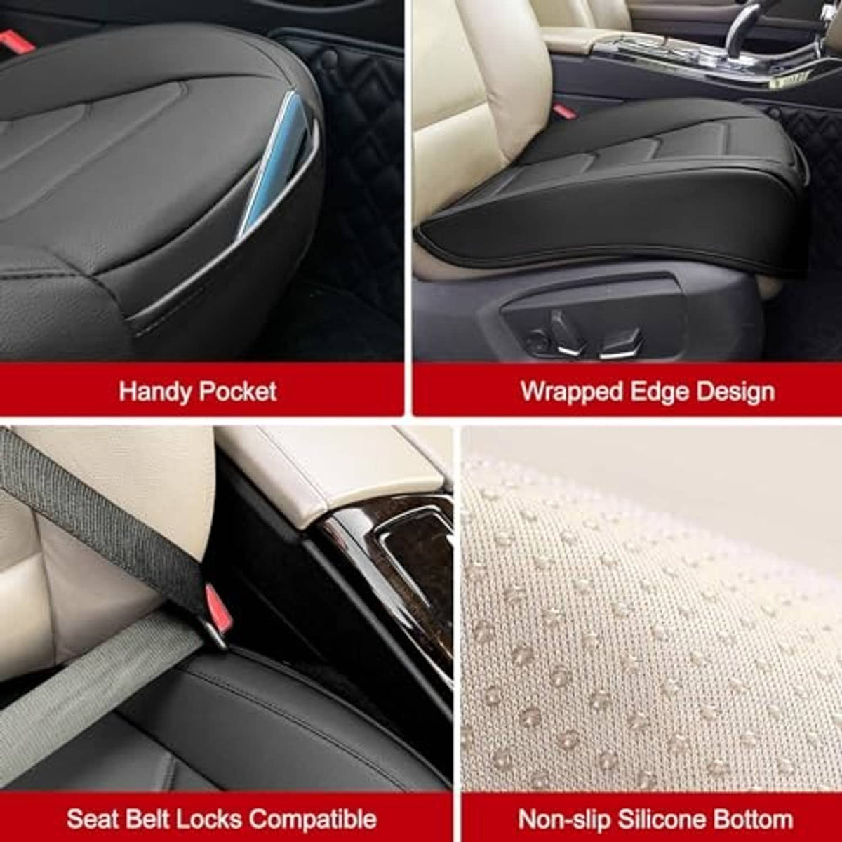 Black seat cover with handy pocket, wrapped edges, and non-slip silicone bottom