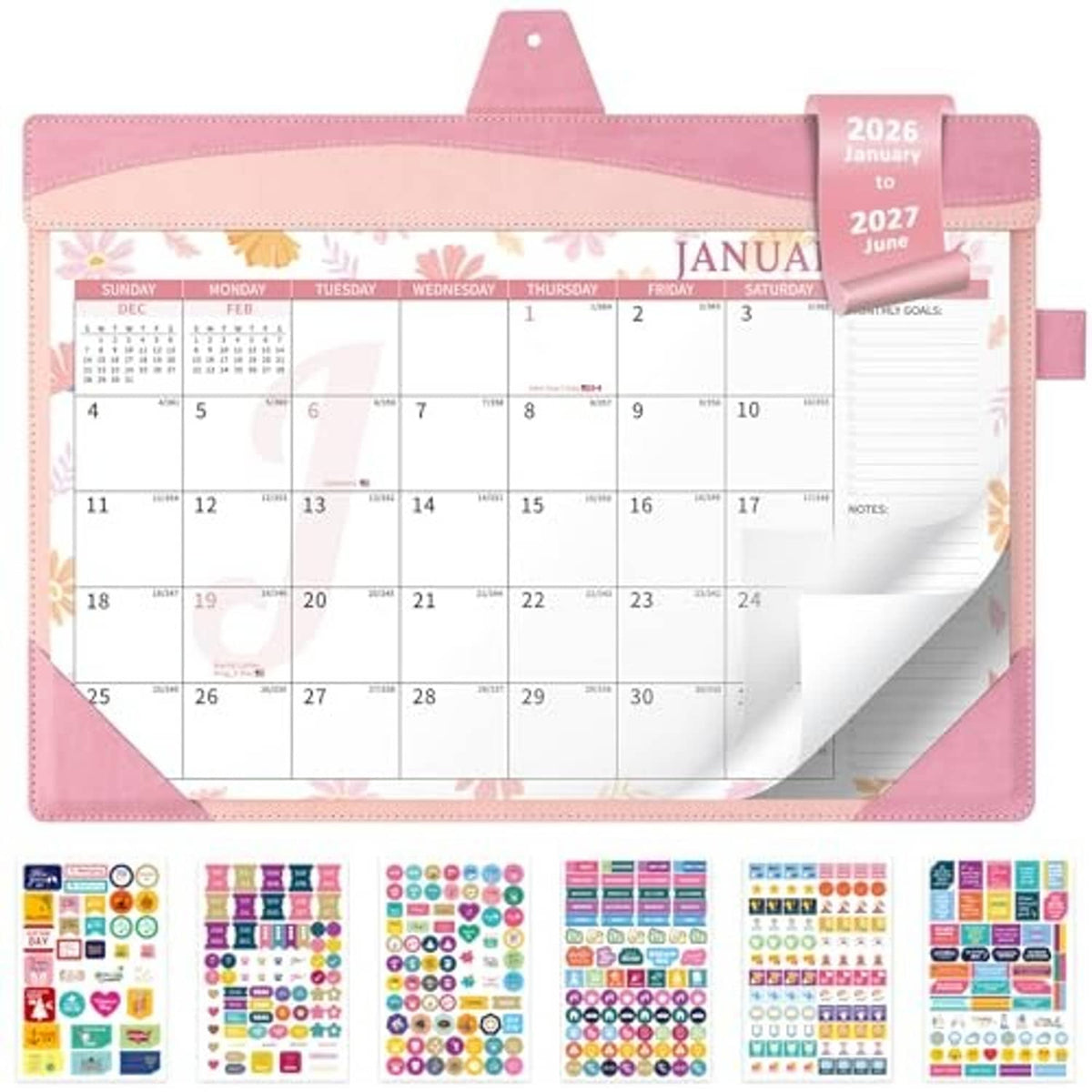 Pink leather wall calendar with floral layout, clear plastic sheet and 2026–2027 dates