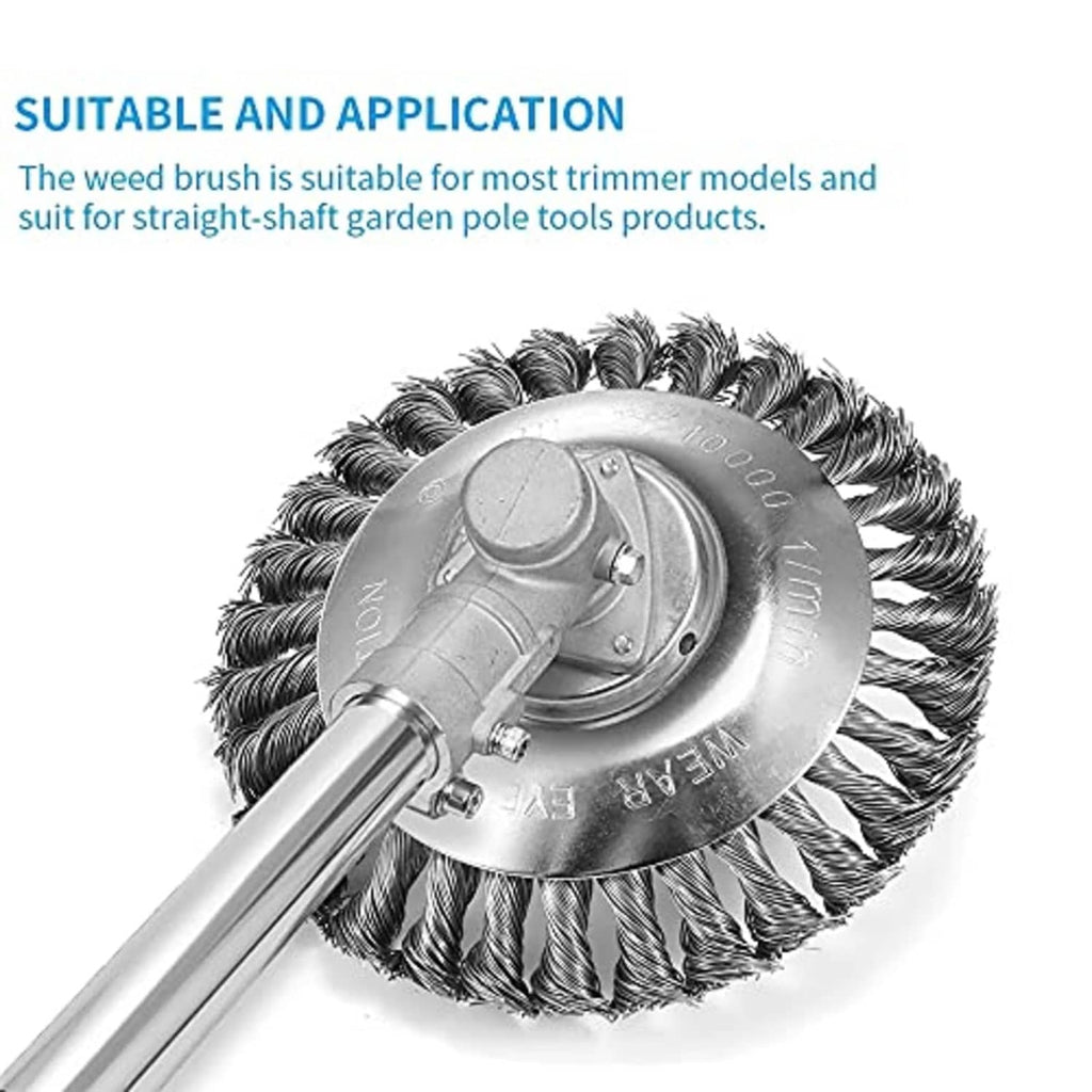 Wire weed brush trimmer head with silver guard plate and dense twisted steel bristles