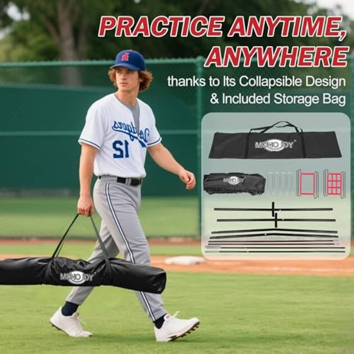 Collapsible baseball practice net set with storage bag and strike-zone targets