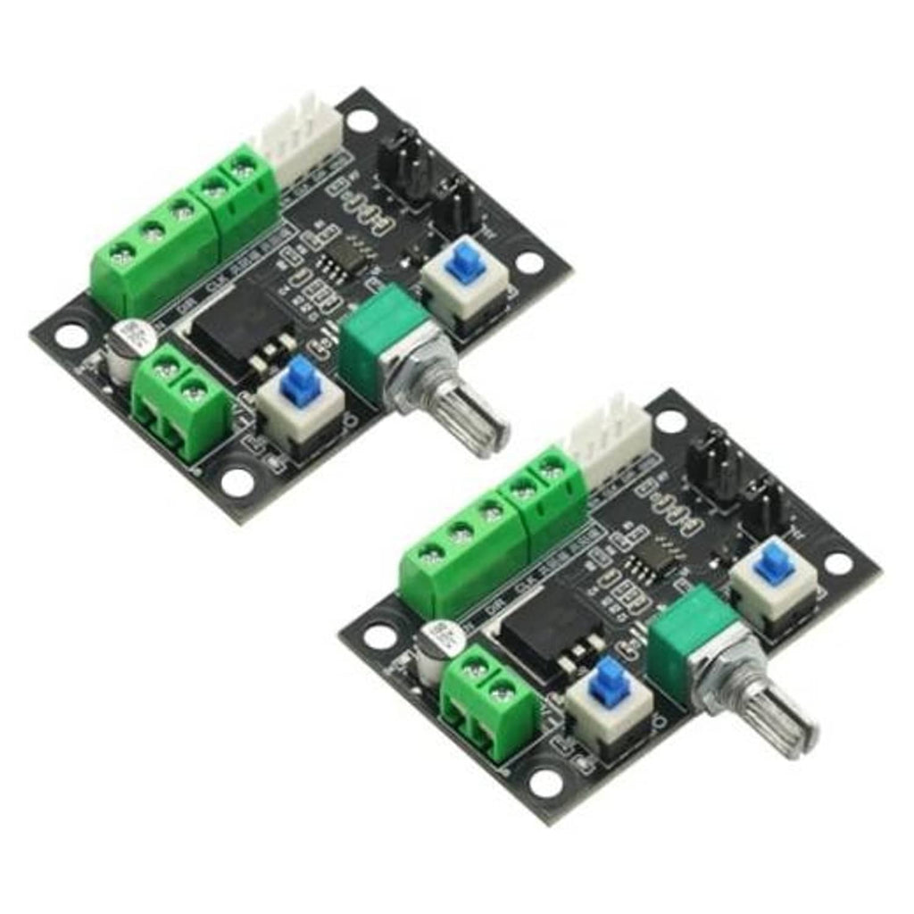 Stepper motor controller PCB with green terminal blocks, blue switches, and metal shaft knob