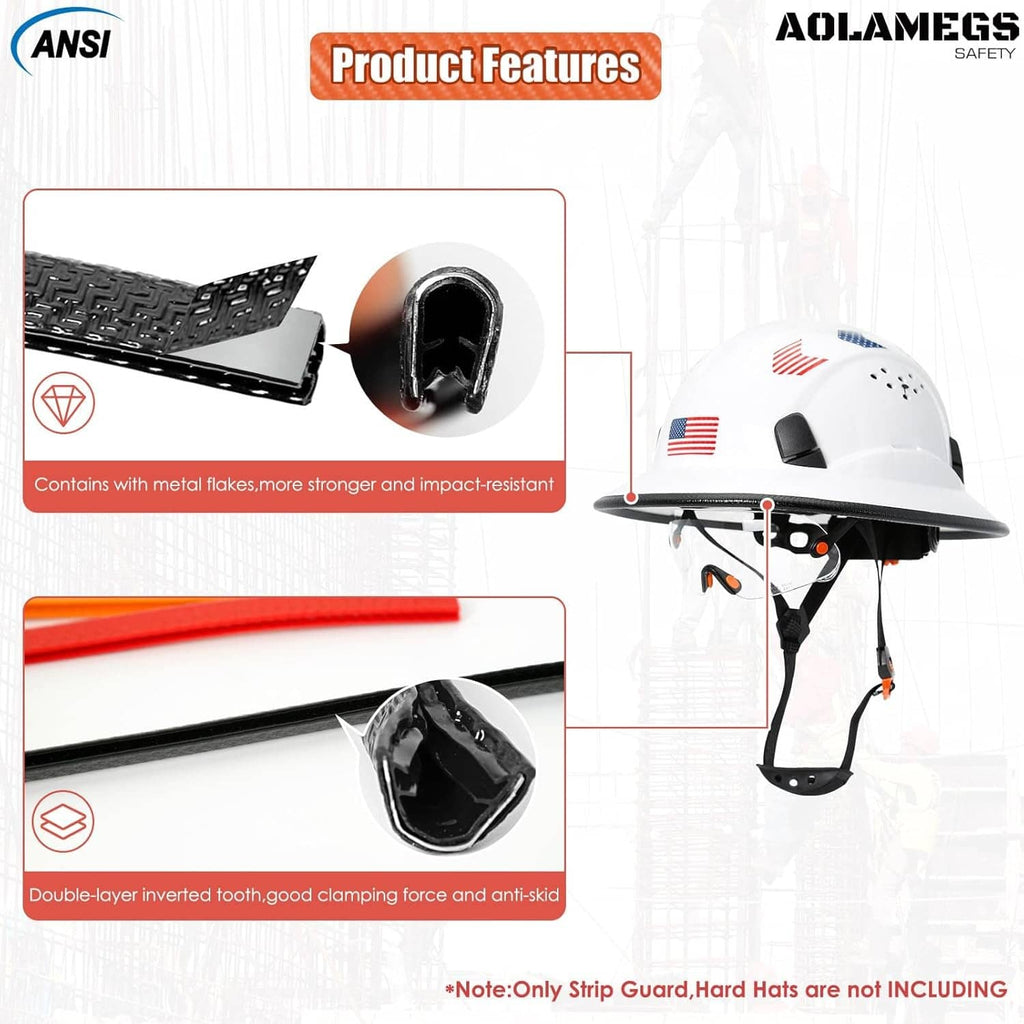 Black full brim hard hat guard feature diagram on a helmet rim