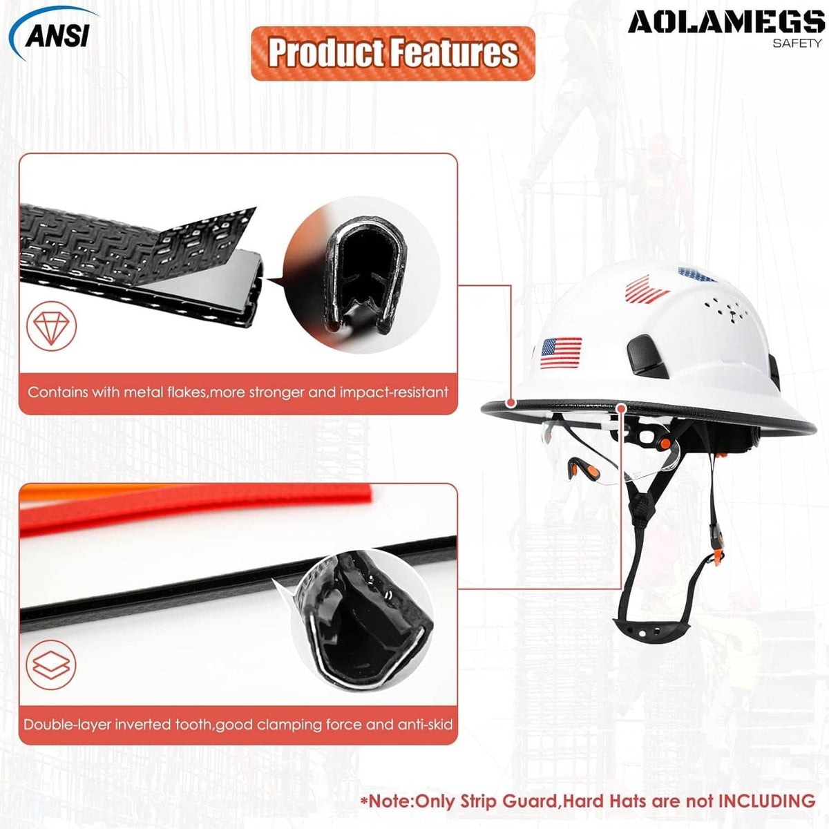 Black full brim hard hat guard feature diagram on a helmet rim