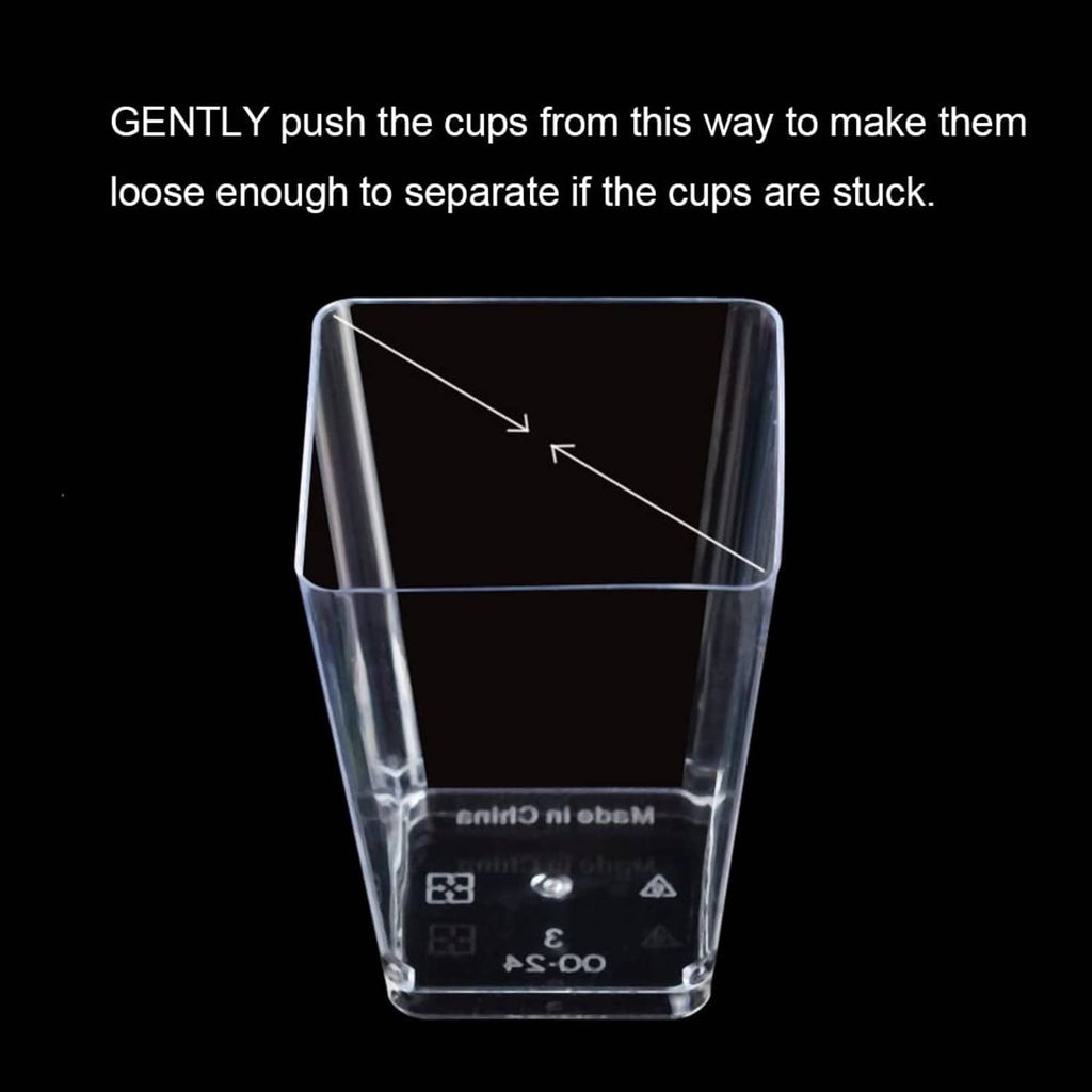 Clear square plastic cup with separation guide arrows, shown with cup label