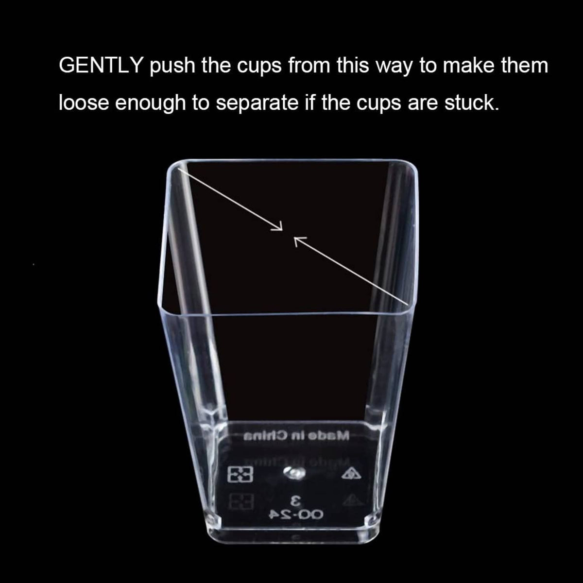 Clear square plastic cup with separation guide arrows, shown with cup label