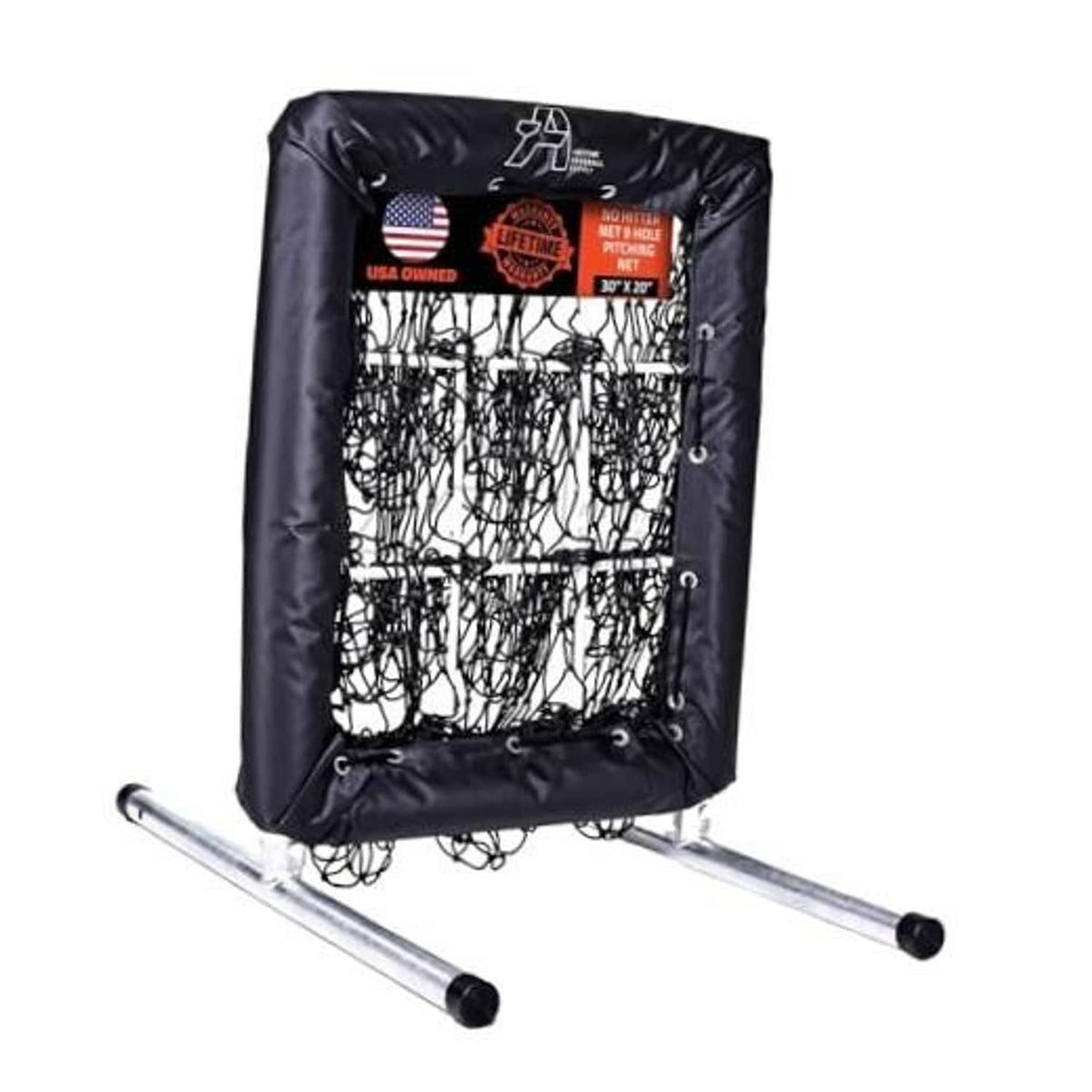 Black baseball pitching net with strike zone and target panels on metal stand