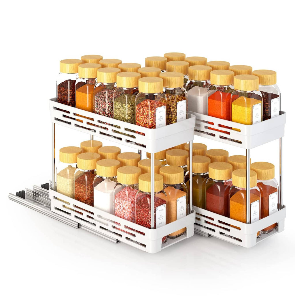 White pull-out spice rack organizer with two pullout sections and topped spice jars