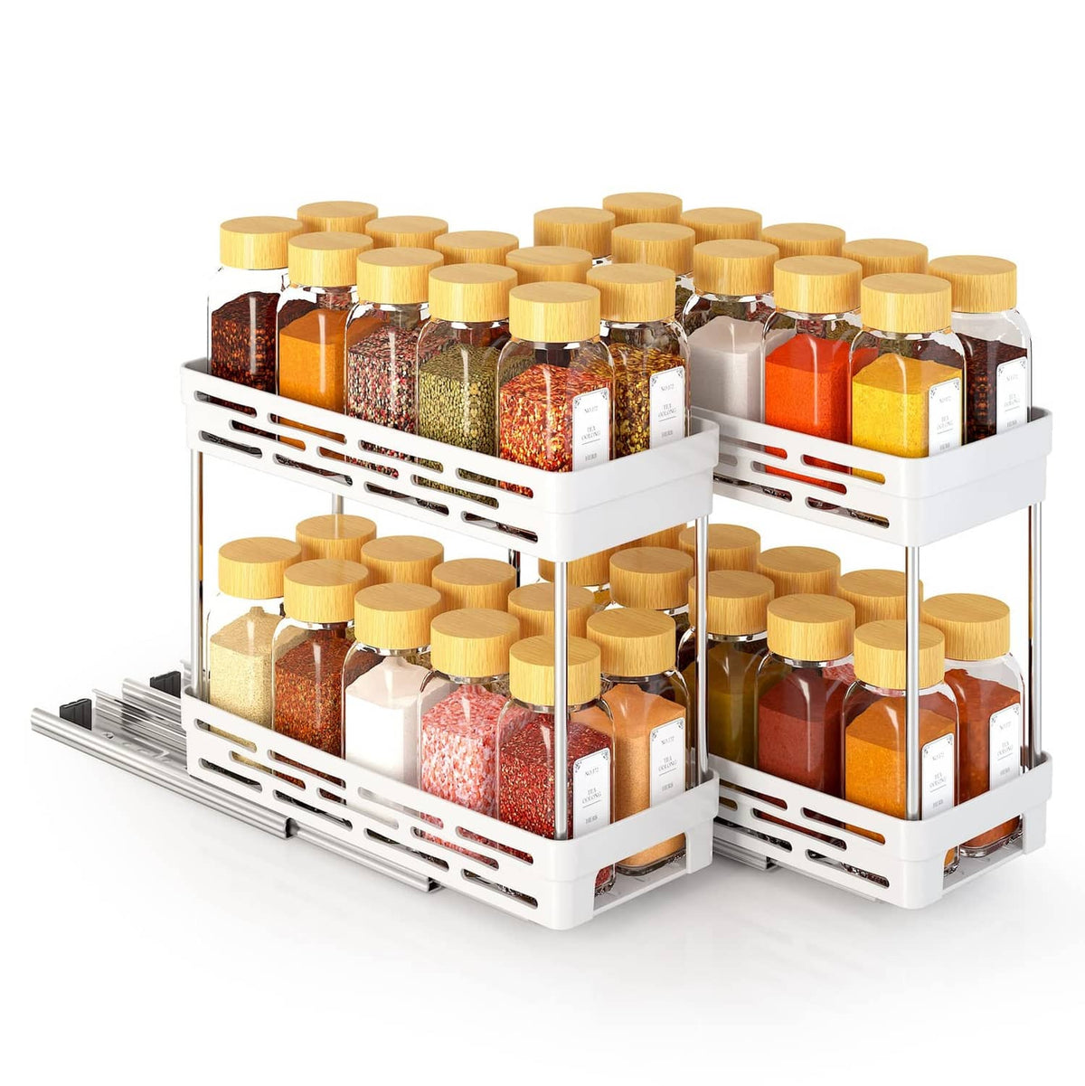 White pull-out spice rack organizer with two pullout sections and topped spice jars