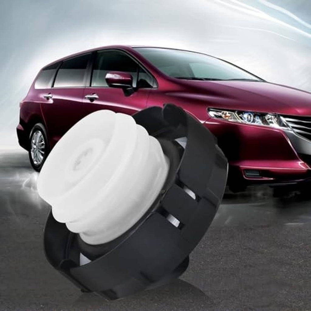 Fuel tank cap replacement with white insert and black housing near a sedan