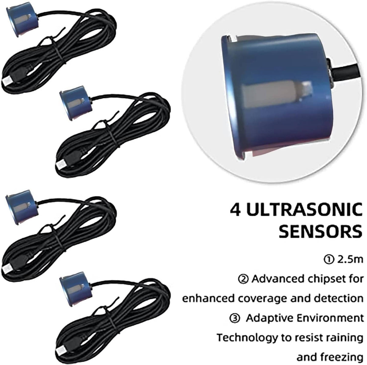 Parking sensor kit with four ultrasonic sensors and wiring harness, blue sensor bodies