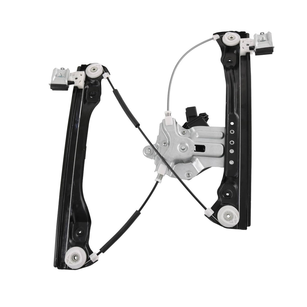 Window regulator with motor and white guide components, black side frames