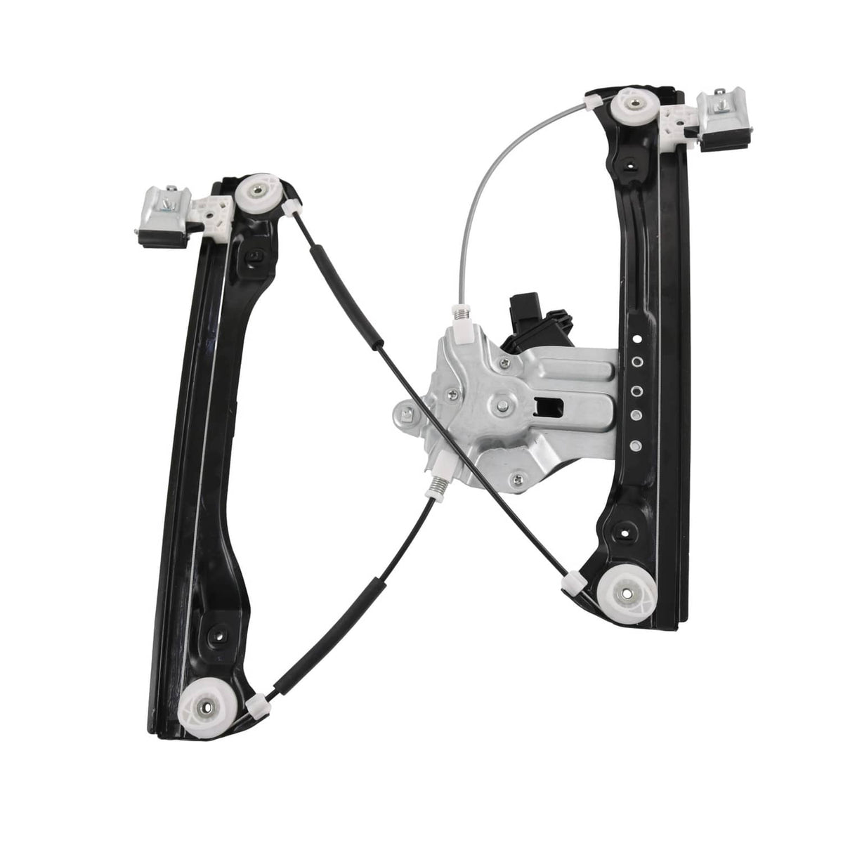 Window regulator with motor and white guide components, black side frames