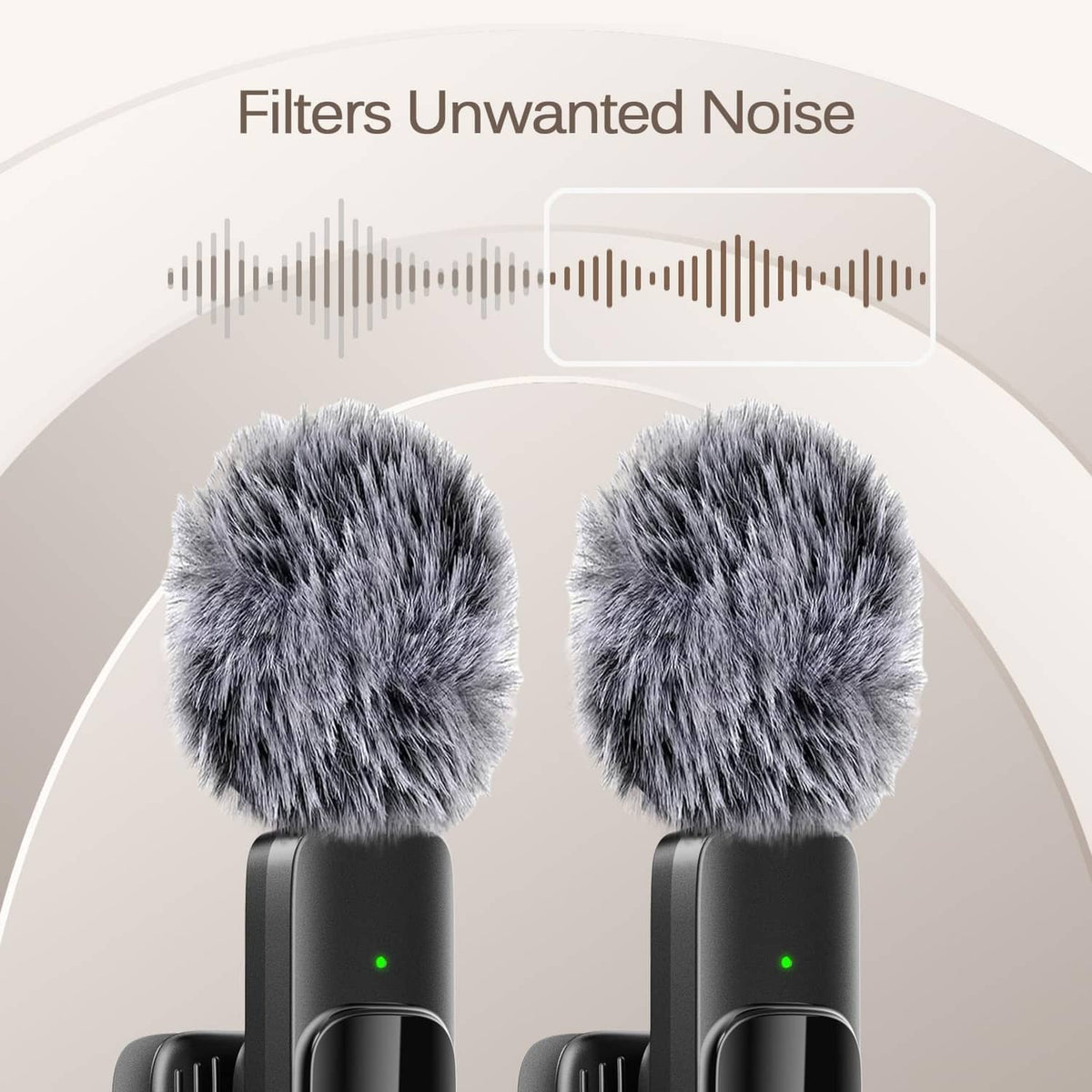 Close-up pair of black wireless lavalier microphone heads with furry windscreens