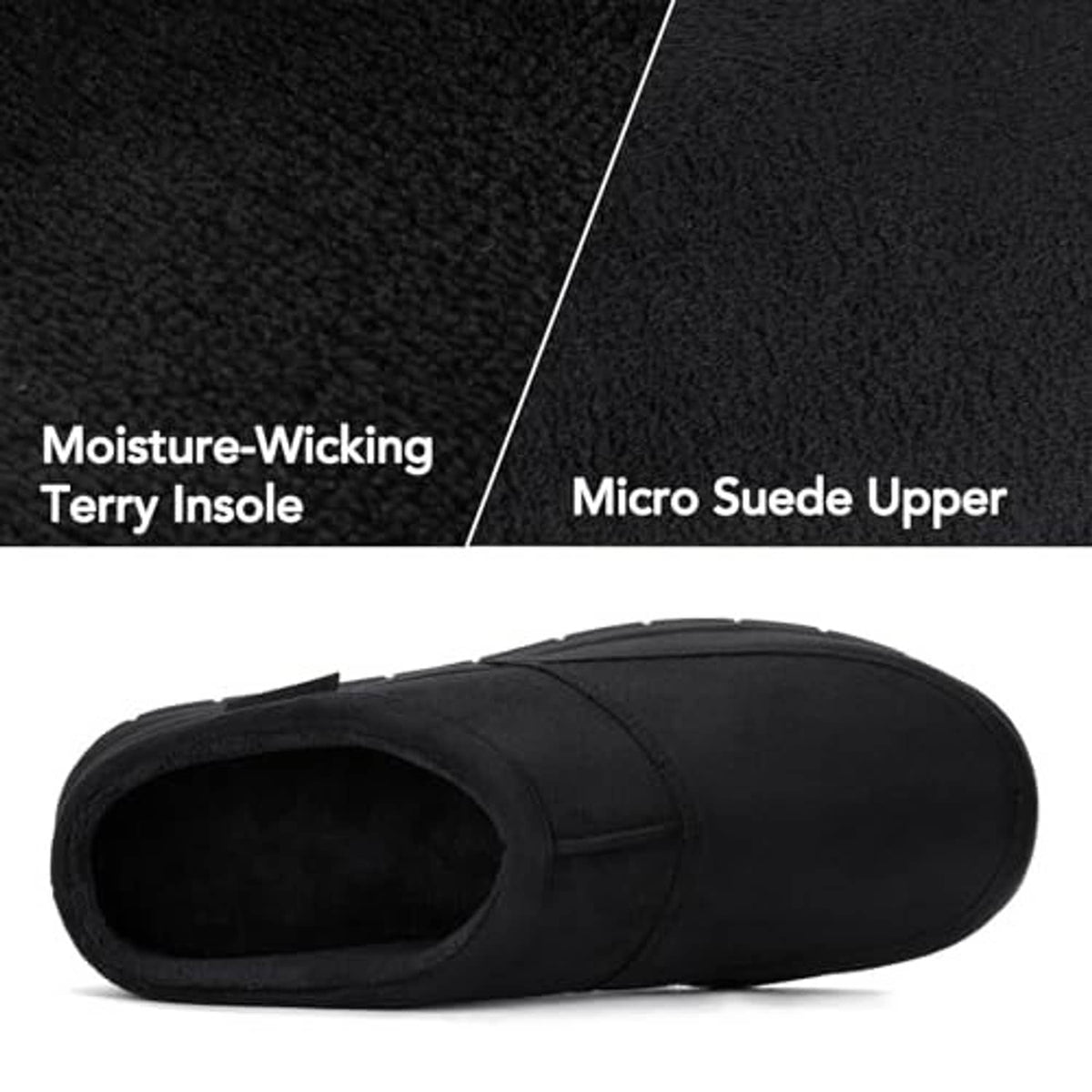Black men's house slipper with open collar and textured micro-suede upper