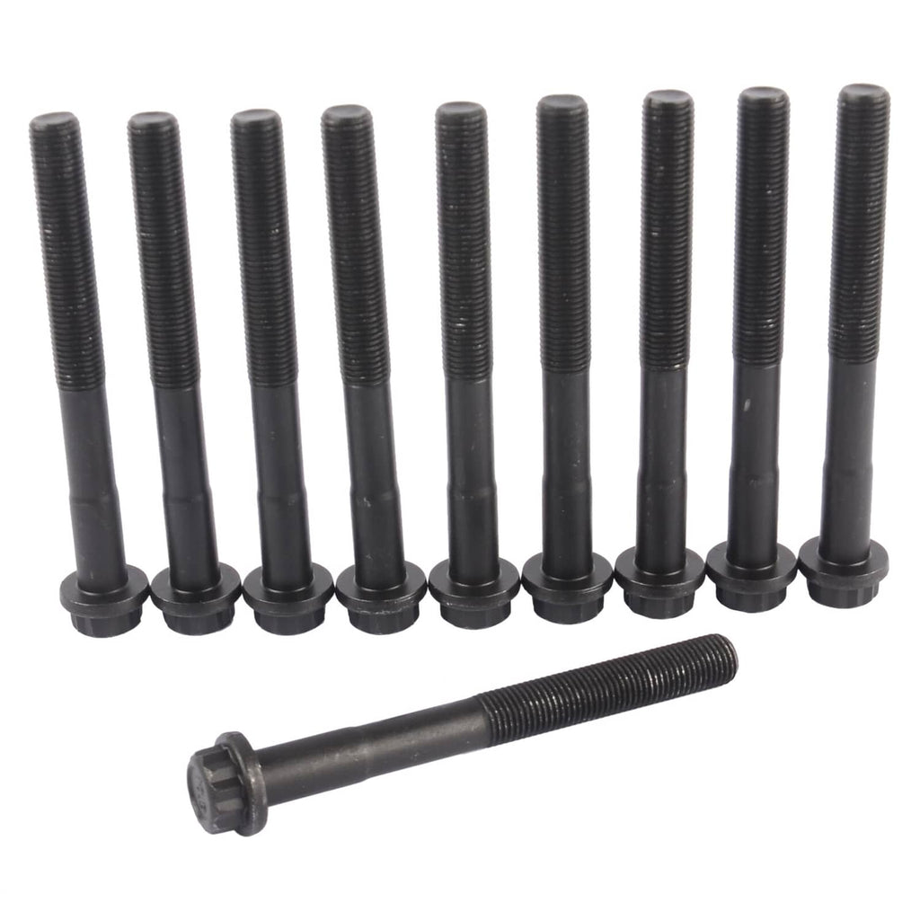 Engine head gasket set bolts: multiple black steel bolts with threaded shafts.