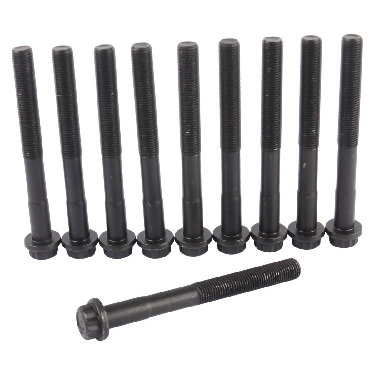 Engine head gasket set bolts: multiple black steel bolts with threaded shafts.