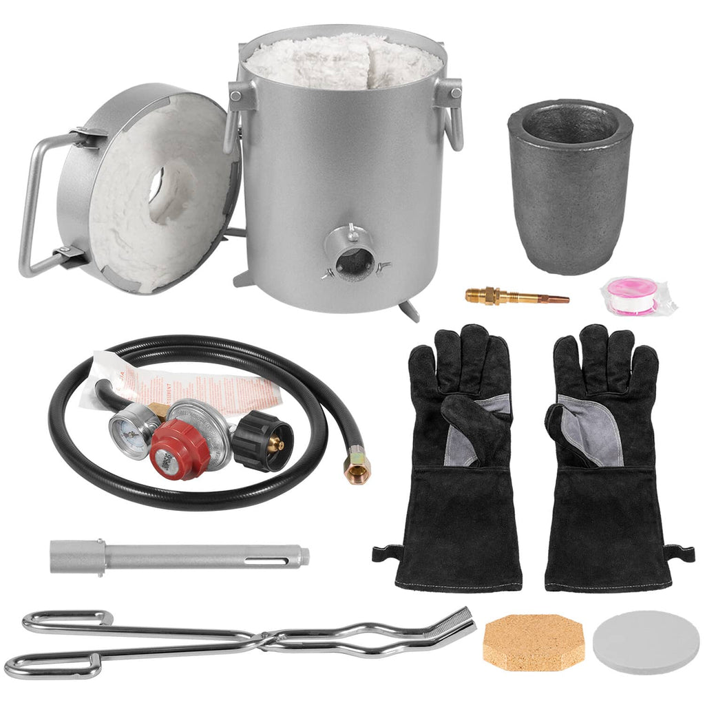 Propane melting furnace kit with metal crucible, lid, gloves, tongs, burner hose, tools