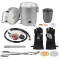 Propane melting furnace kit with metal crucible, lid, gloves, tongs, burner hose, tools