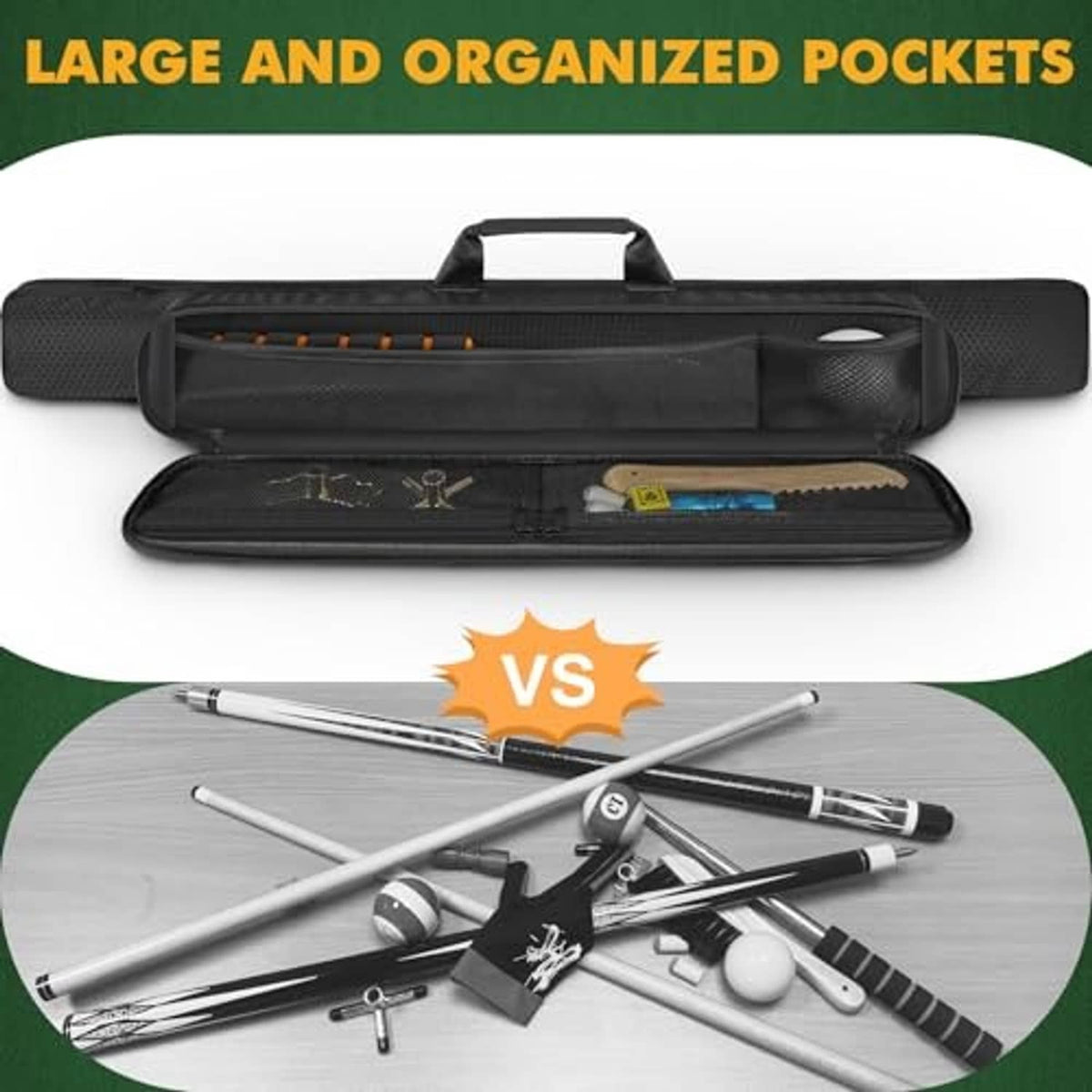 Black 1-cue soft case with top handle and inner compartments for pool cue pieces.