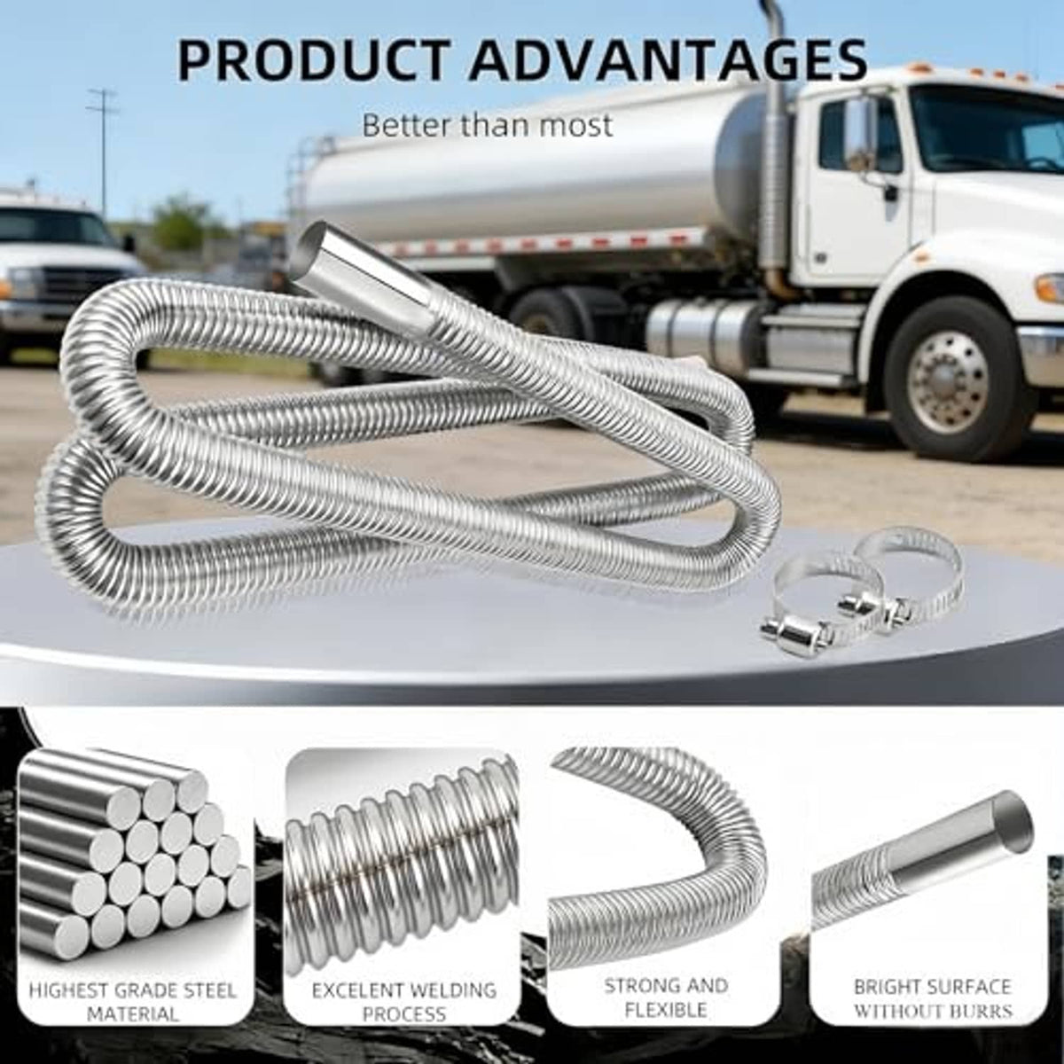 Flexible exhaust pipe with corrugated stainless steel coil and two clamp rings