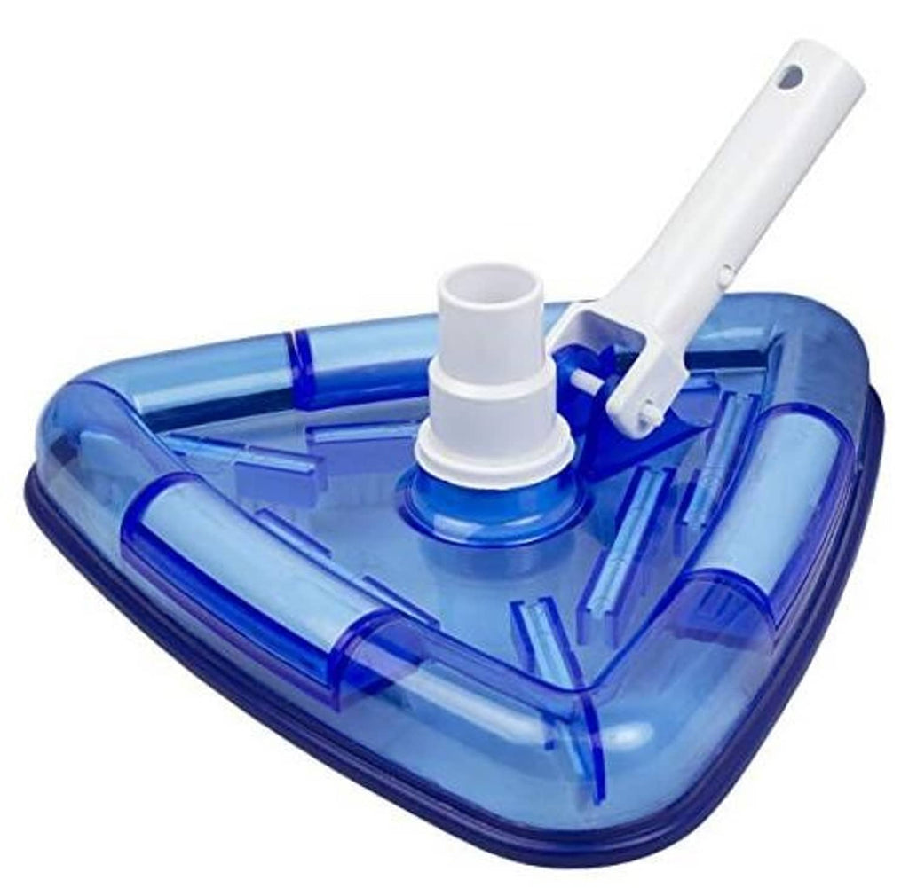 Triangle pool vacuum head with clear blue weighted vinyl liner and white hose